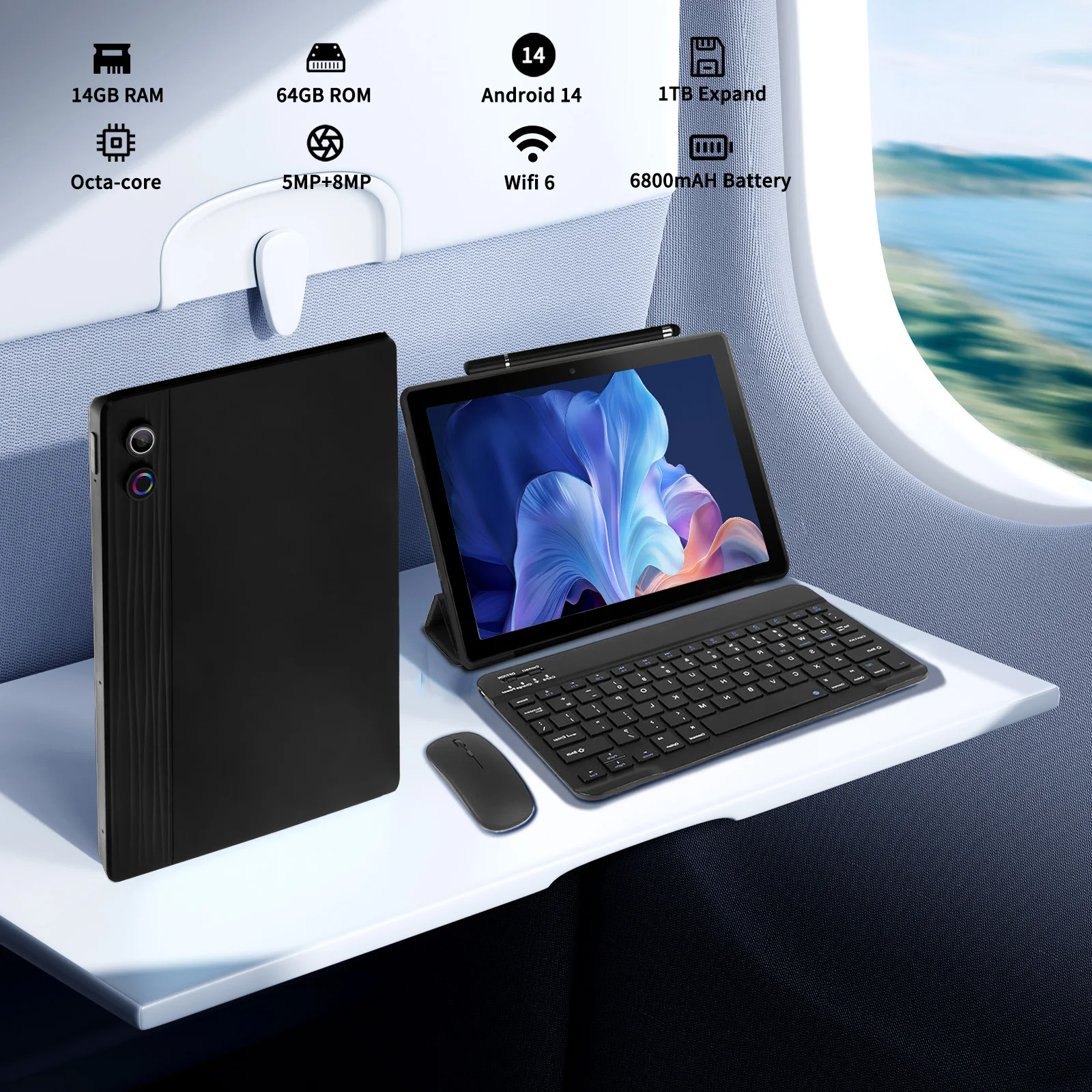 Tablet Android 14 o przekątnej 10,95 cala, 14 GB RAM, 64 GB ROM, procesor Octa-Core, bateria 6800 mAh z etui z klawiaturą, myszą i rysikiem, zestaw tabletowy 8 w 1.