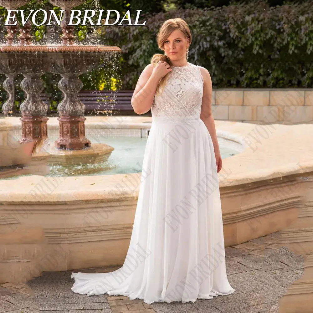 

EVON BRIDAL Chiffon Sleeveless O-Neck Wedding Dresses Plus Size Applique Backless Bride Gowns A-Line Beading Vestidos De Novia