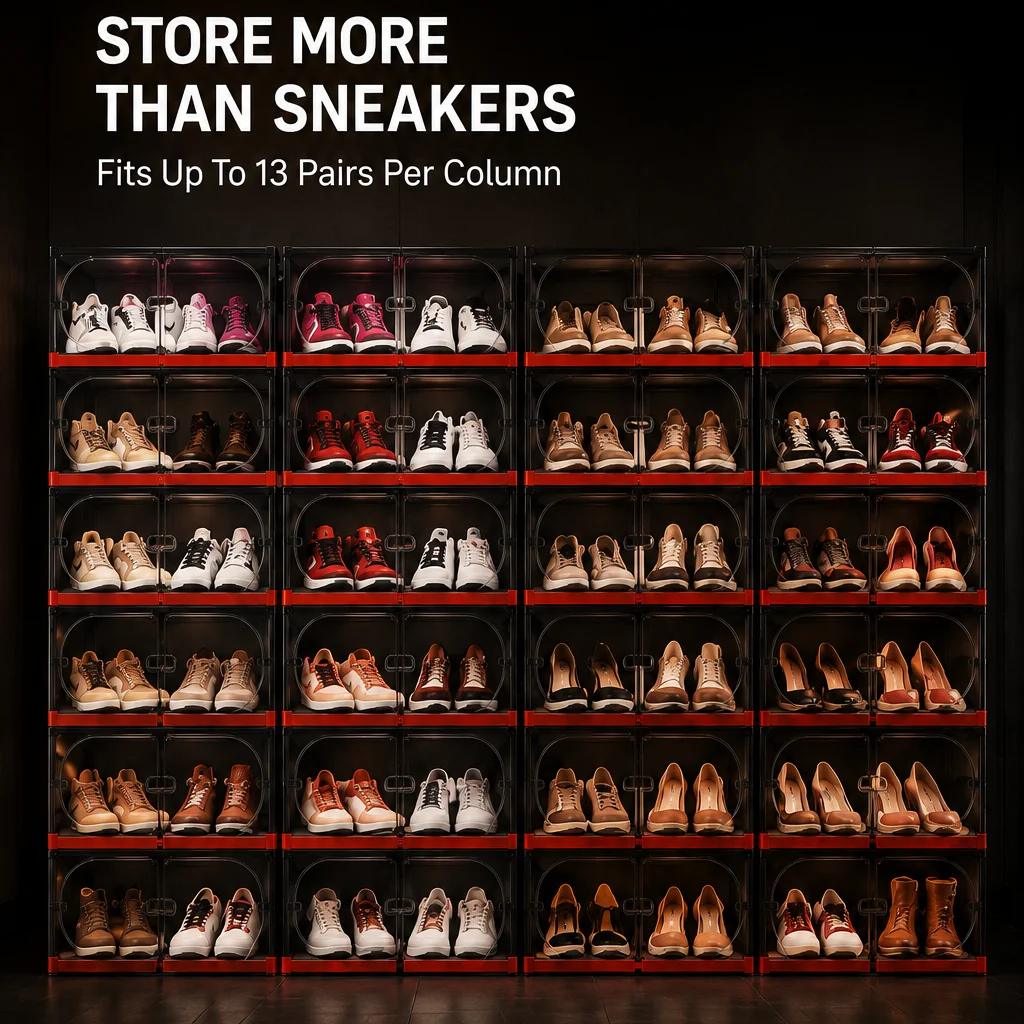 3/6/9 Tier Modular Foldable Stackable Shoe Storage Cabinet, No Assembly Collapsible Sneaker Organizer with Clear Flip Front Door & Red Edge Trim, Dustproof Large Capacity Visible Shoe Storage Bin for Entryway Closet Bedroom Garage Sneakers Heels Boots Foo