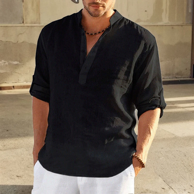 2024 Casual Blouse Loose Cotton Linen Men Shirt Fashion Stand Collar Pure Long Sleeve Tee Shirt Handsome Fitting Top Clothes