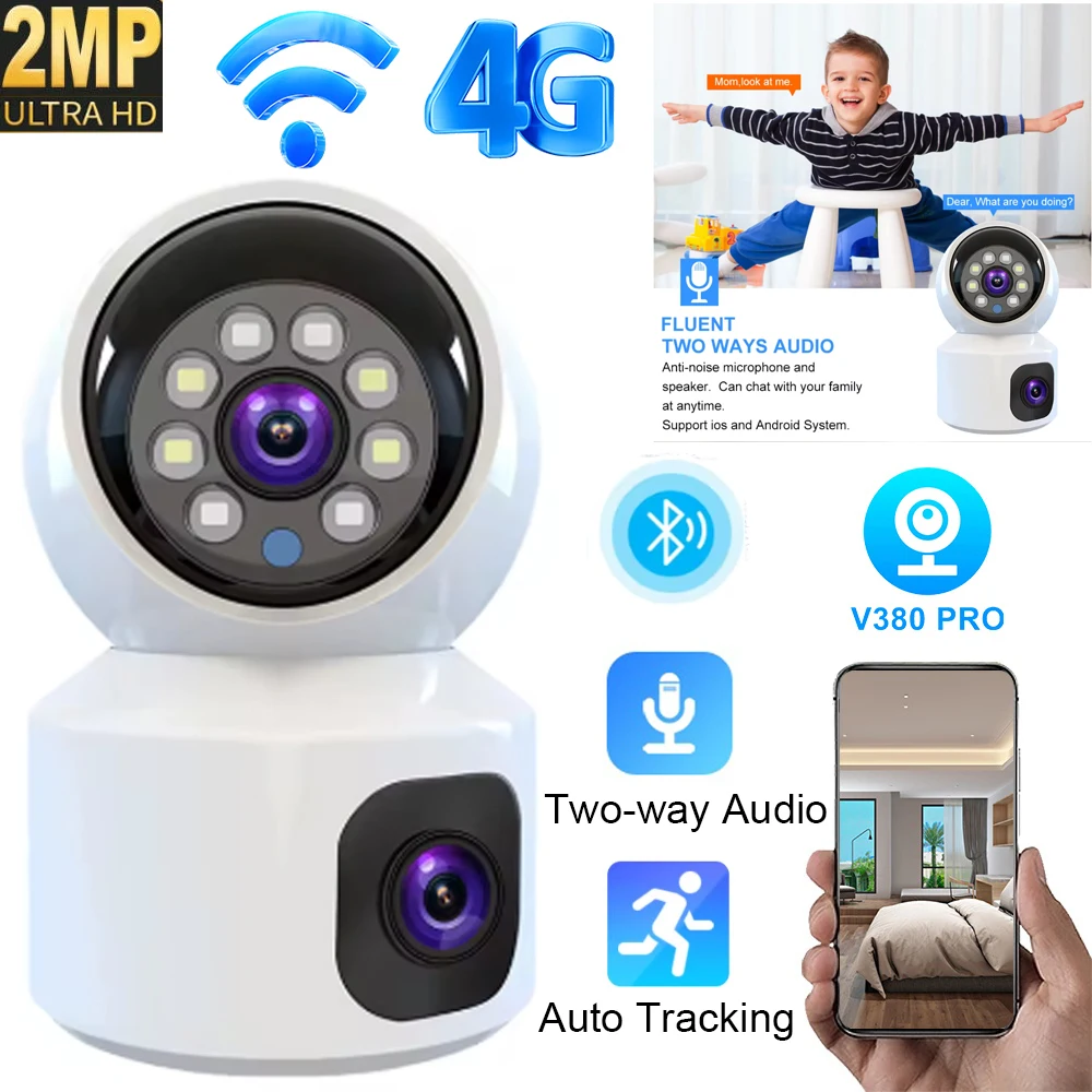 

2 МП HD-камера с двумя объективами, 4G WiFi, для наблюдения за детьми, с аудиосвязью, внутренняя камера, двусторонняя аудиосвязь, обнаружение движения, сигнализация V380 PRO