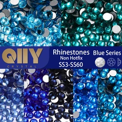 QIIY High Quality SS3-SS60 Nail Art Glass Flatback Rhinestone Blue Zircon Round Silver Bottom Glue On Stones For DIY Clothes