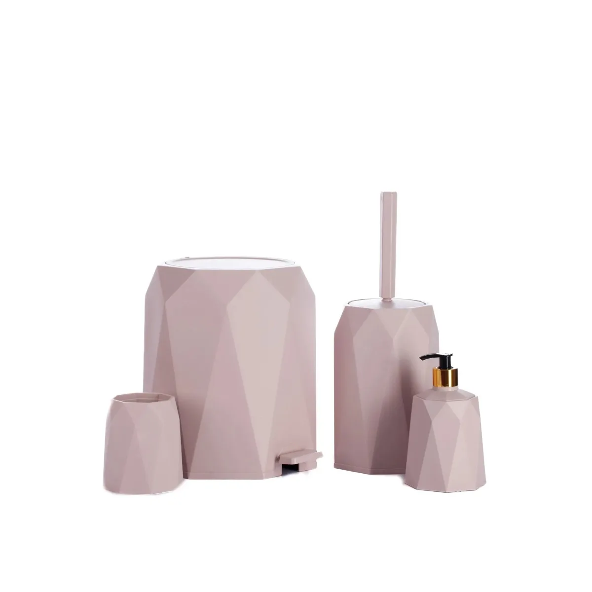 Pink Bathroom Accessories Set of 4 Toilet Set Trash Can Cleaning Brush Soap Dispenser Toothbrush Holder Hard Plastic Material