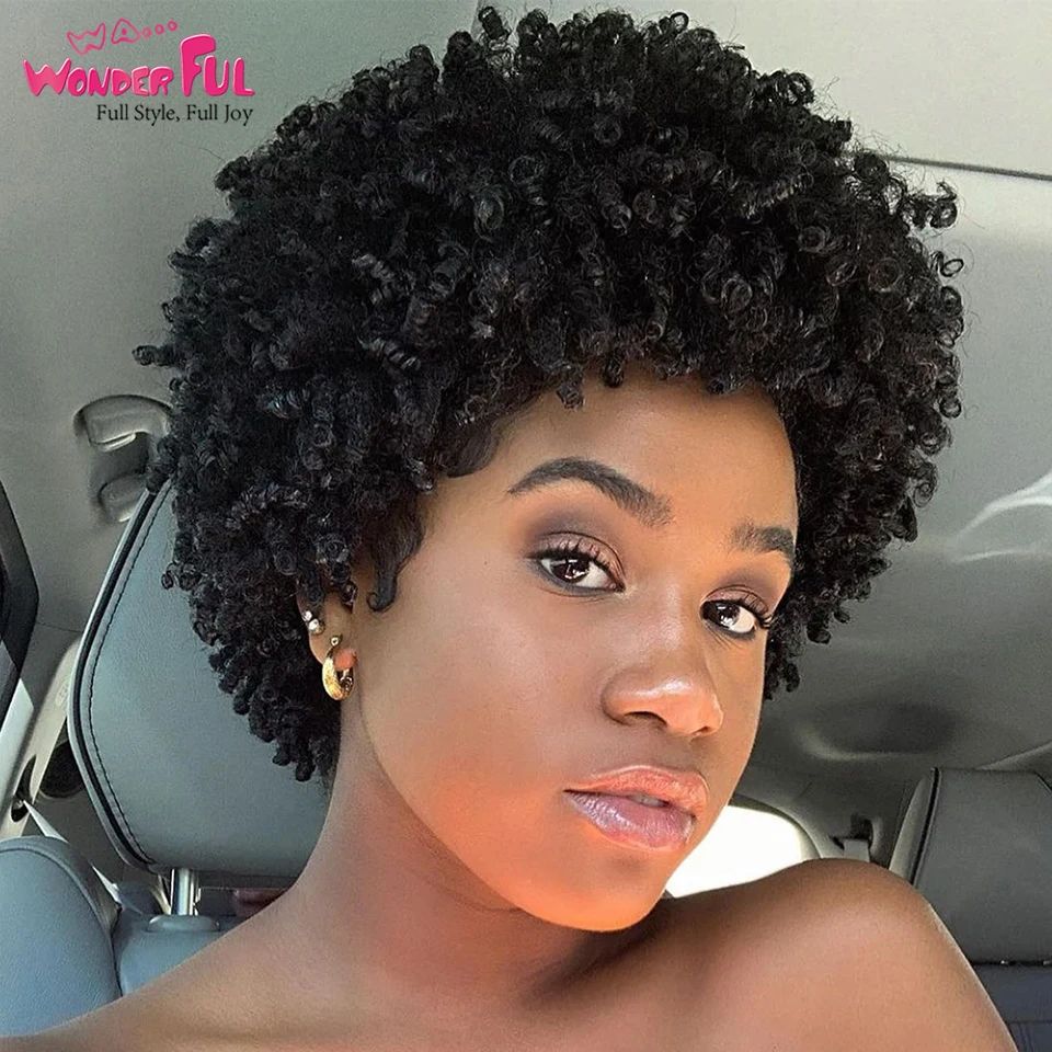 Afro Kinky Curly perucas de cabelo humano para mulheres negras, curto encaracolado, corte Bob com Franja, destaque escuro, cor marrom, máquina