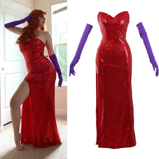 Jessica Rabbit Cosplay Sexy Strapless Gown Party Shiny Red Dress Prom Costume High Split Dresses With Gloves For Women Cosplay Costumes AliExpress