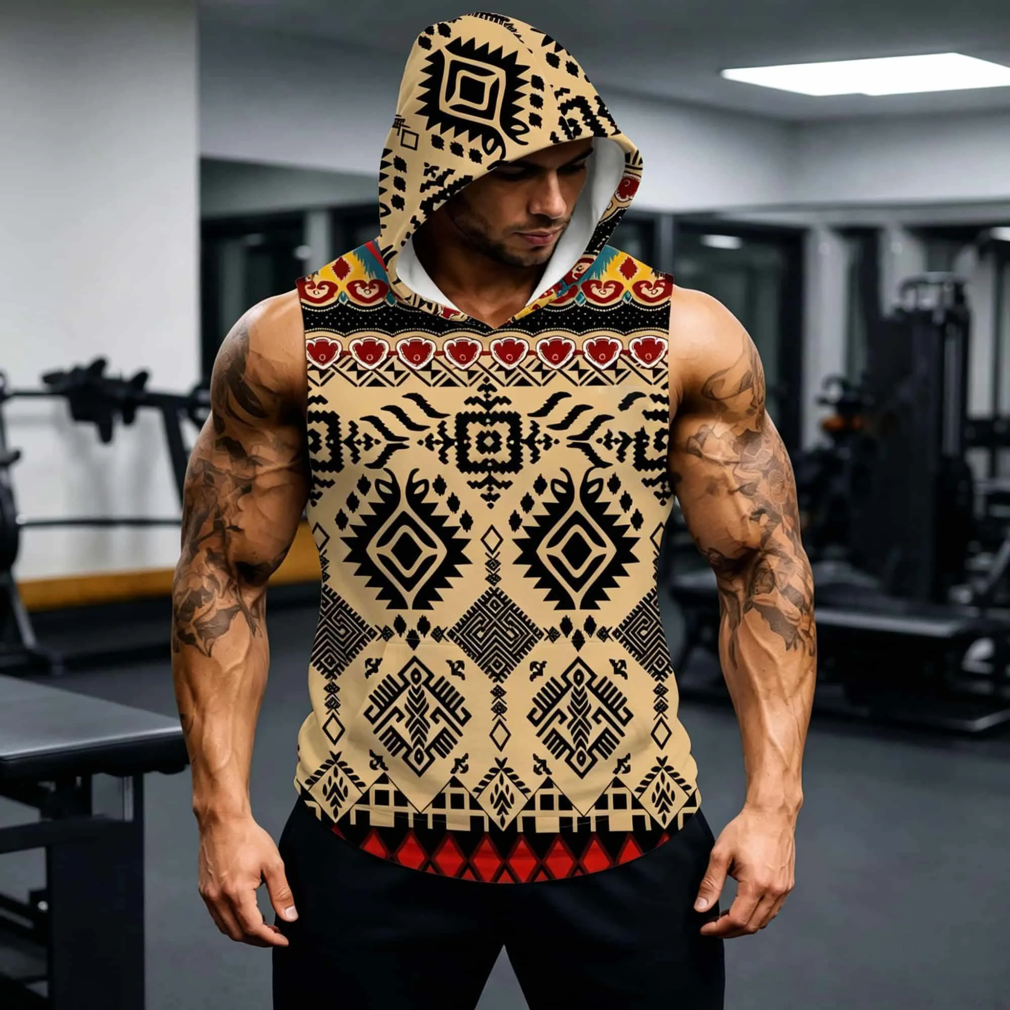 Camiseta sin mangas con capucha para hombre con estampado étnico, ropa deportiva transpirable para fitness, jersey informal moderno para uso diario versátil