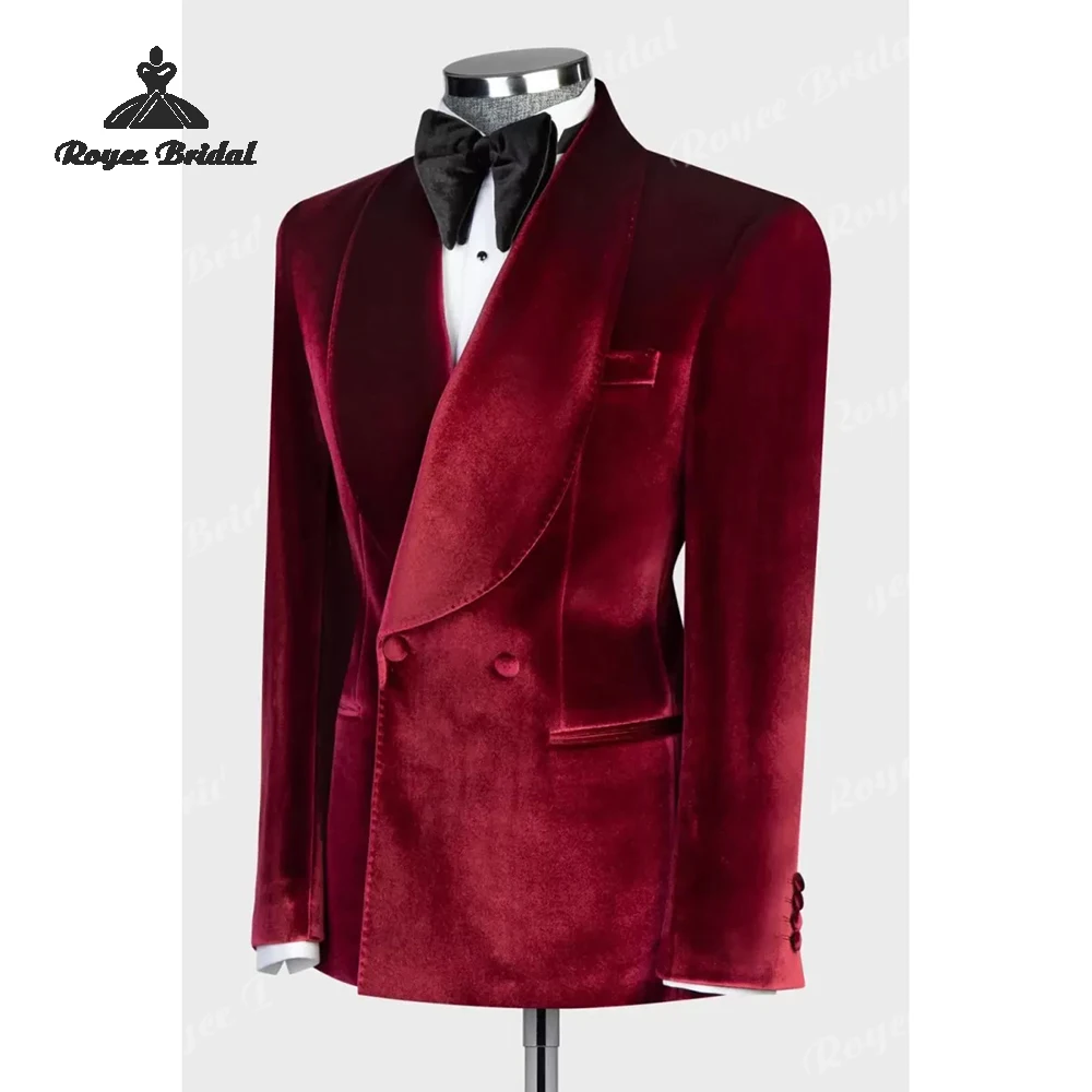 Donkerrood fluwelen tweedelig herenpak met dubbele rij knopen Bruiloft 2026 Sjaalkraag Avondpak kostuum homme mariage