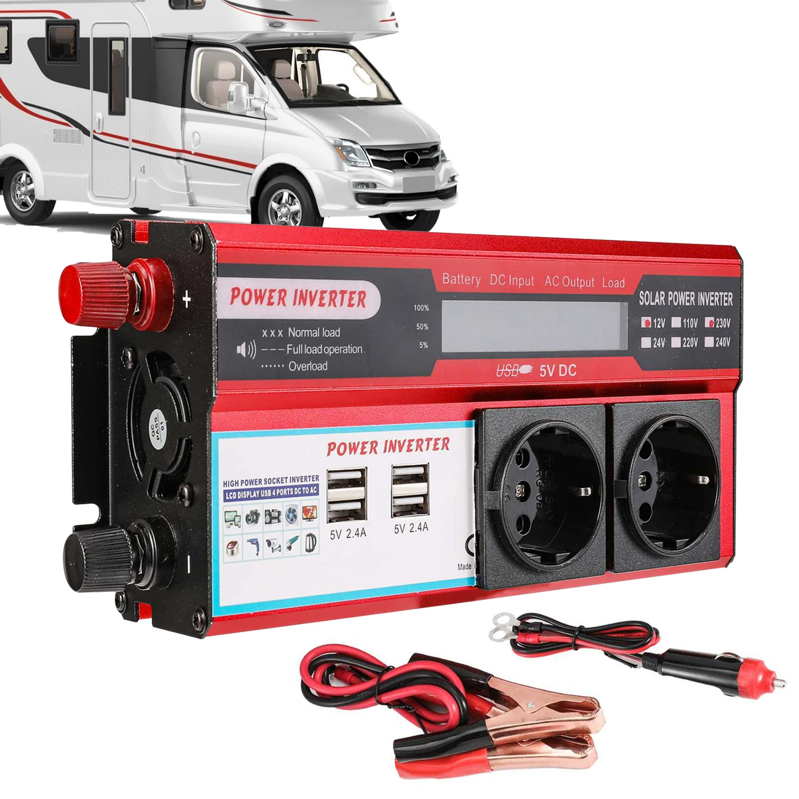 Onduleur à onde sinusoïdale Pure 4000W, transformateur 12V à 220V/230V 50/60HZ avec 4 prises USB ue pour le chargement et l'écran d'affichage LED