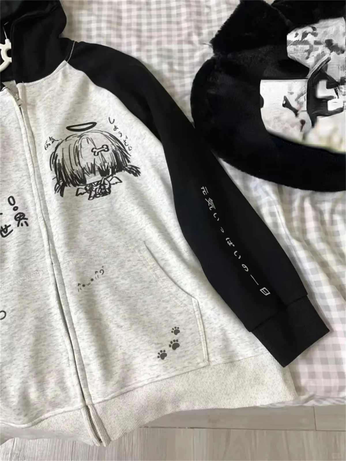 Japanische Kontrastfarben-Kapuzenoberteile für Damen, Y2k-Ästhetik, Cartoon-Print, Grunge-Hoodie, lässiger Reißverschluss-Sweatshirt, Harajuku-Streetwear – Detail 4