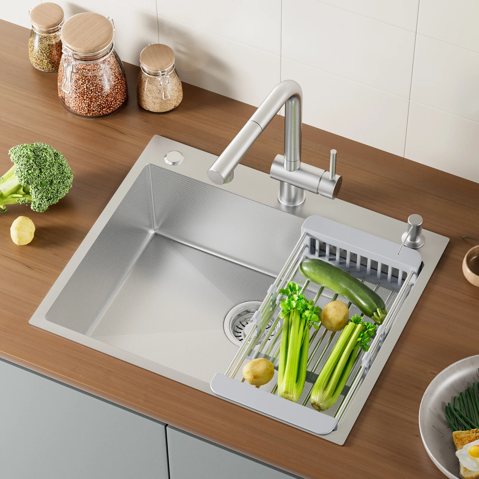 60 x 49 cm Küchenspüle Silber Edelstahl 304 Einbauspüle mit Seifenspender und Ausziehbarem Abtropfkorb Nano Wabenstruktur Kratzfest Spülbecken für Moderne Küche mit Siphon Set