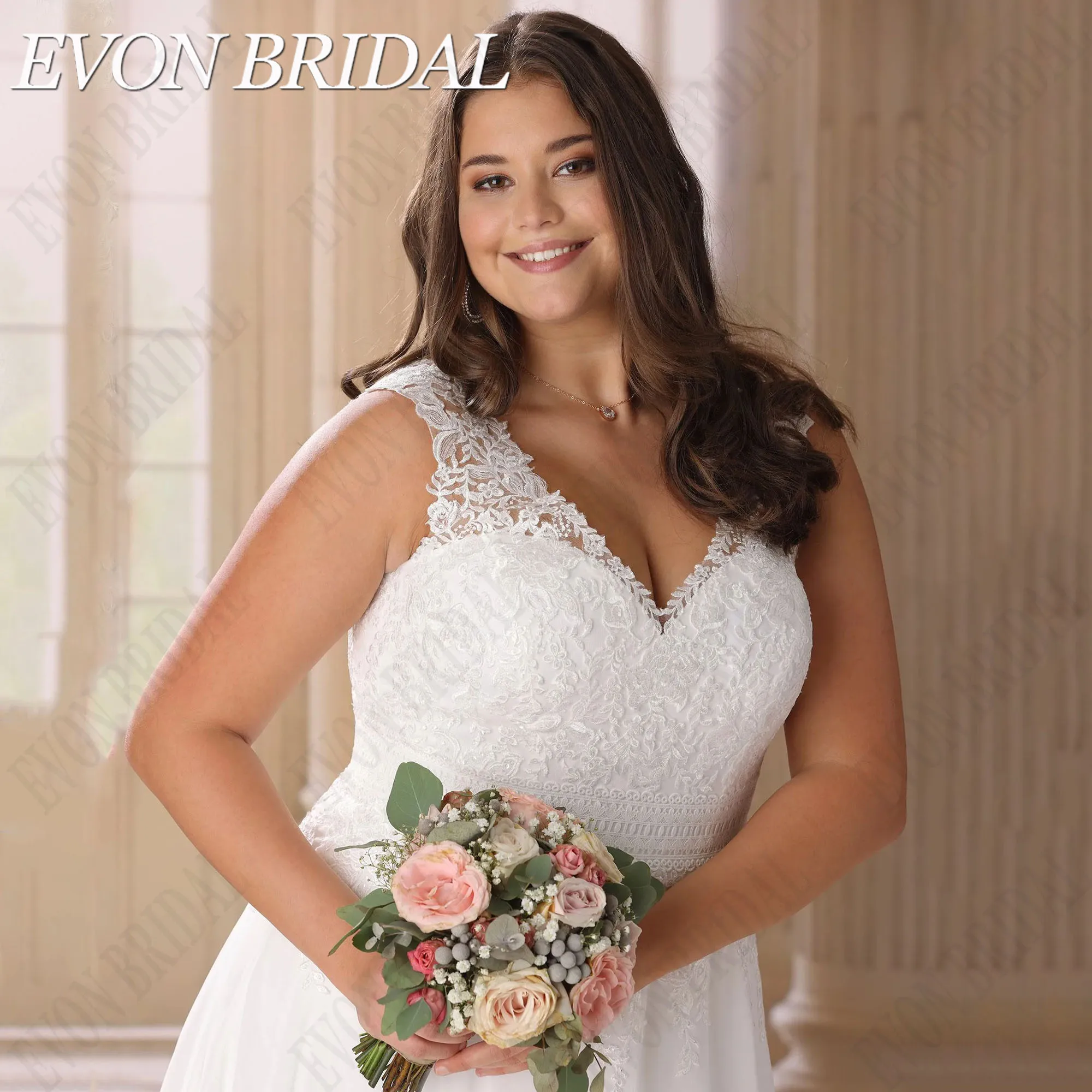 EVON BRIDAL Chiffon A-Line Wedding Dresses Plus Size Cap Sleeves Civil Bride Gowns Custom Applique A-Line vestido de novia boda