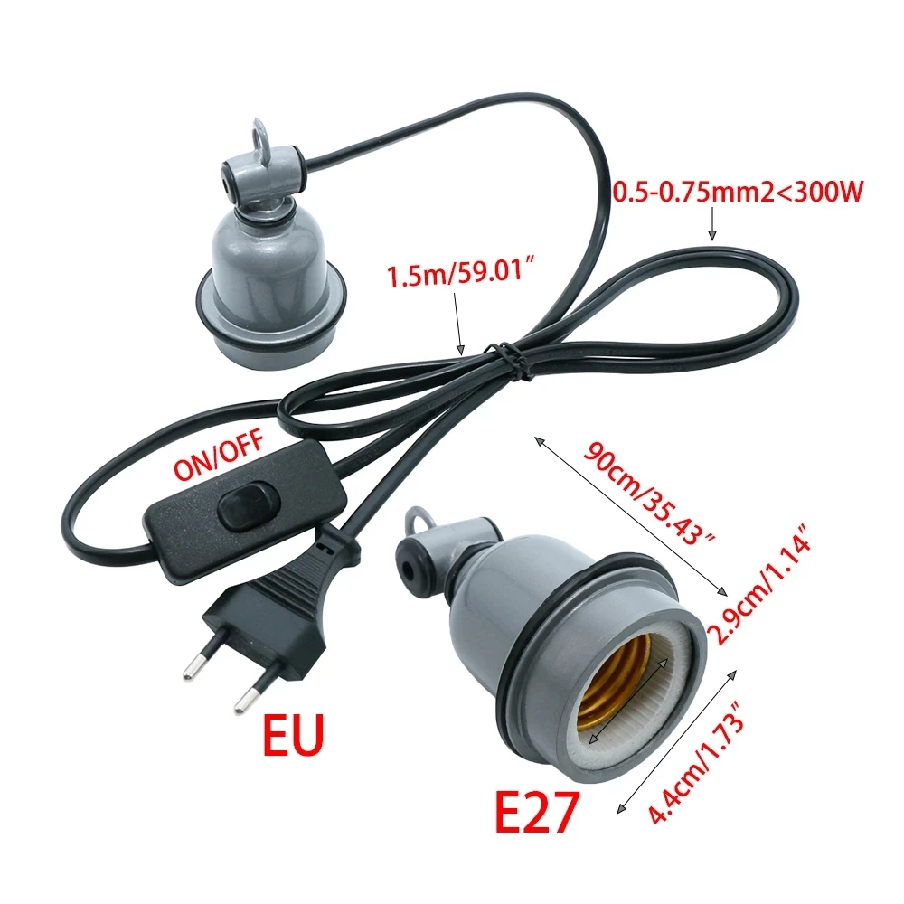 Farm Breeding Power Cord Cable E27 Ceramic Reptile Heating Lamp Holders Base EU Hanging Light Fixture Socket Adapter With Switch