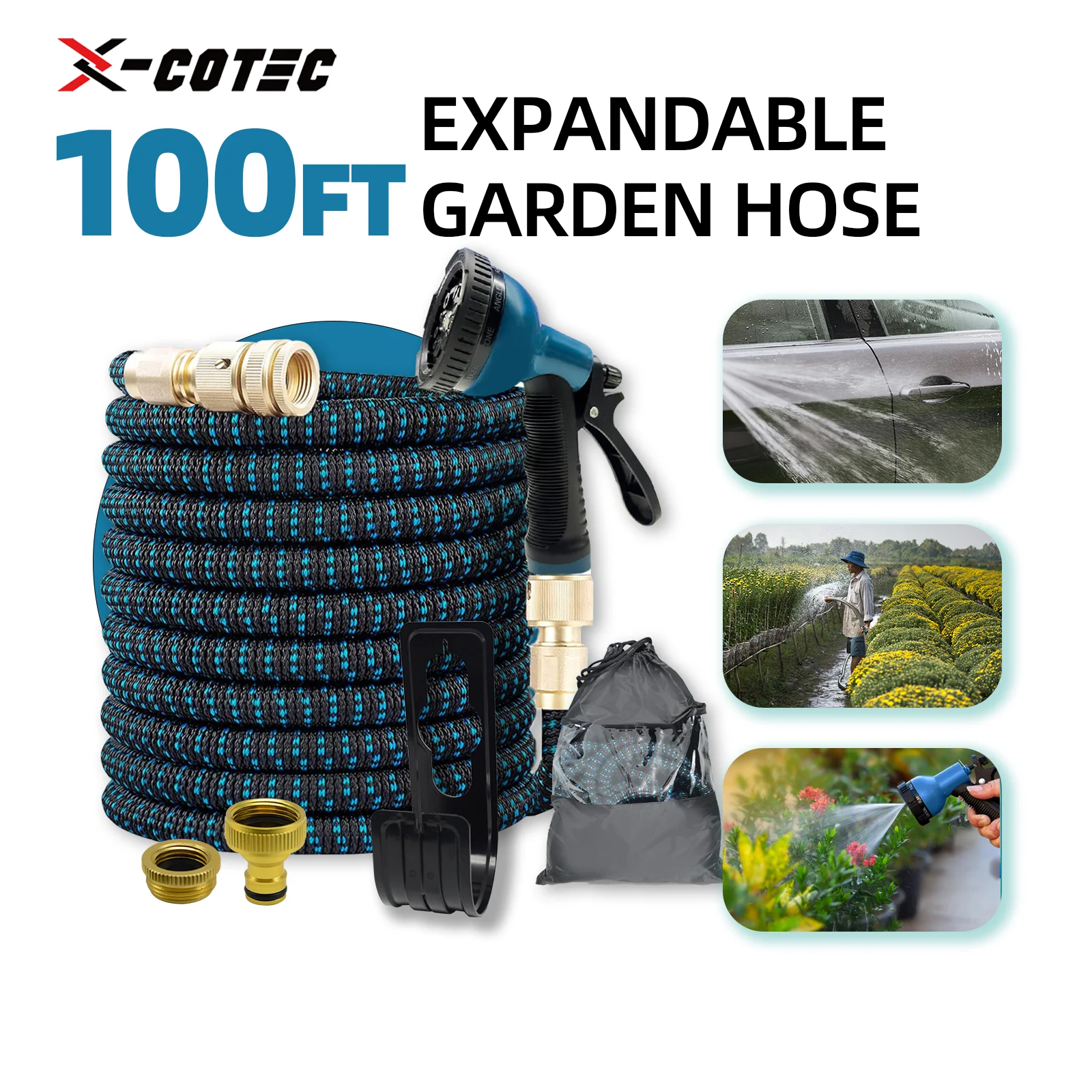 X-COTEC Uitrekbare Tuinslang 15m/30m, Flexibele Waterslang met 1/2" 3/4" Messing Aansluitingen & 10-Functie Sproeipistool voor Tuin en Auto Wassen
