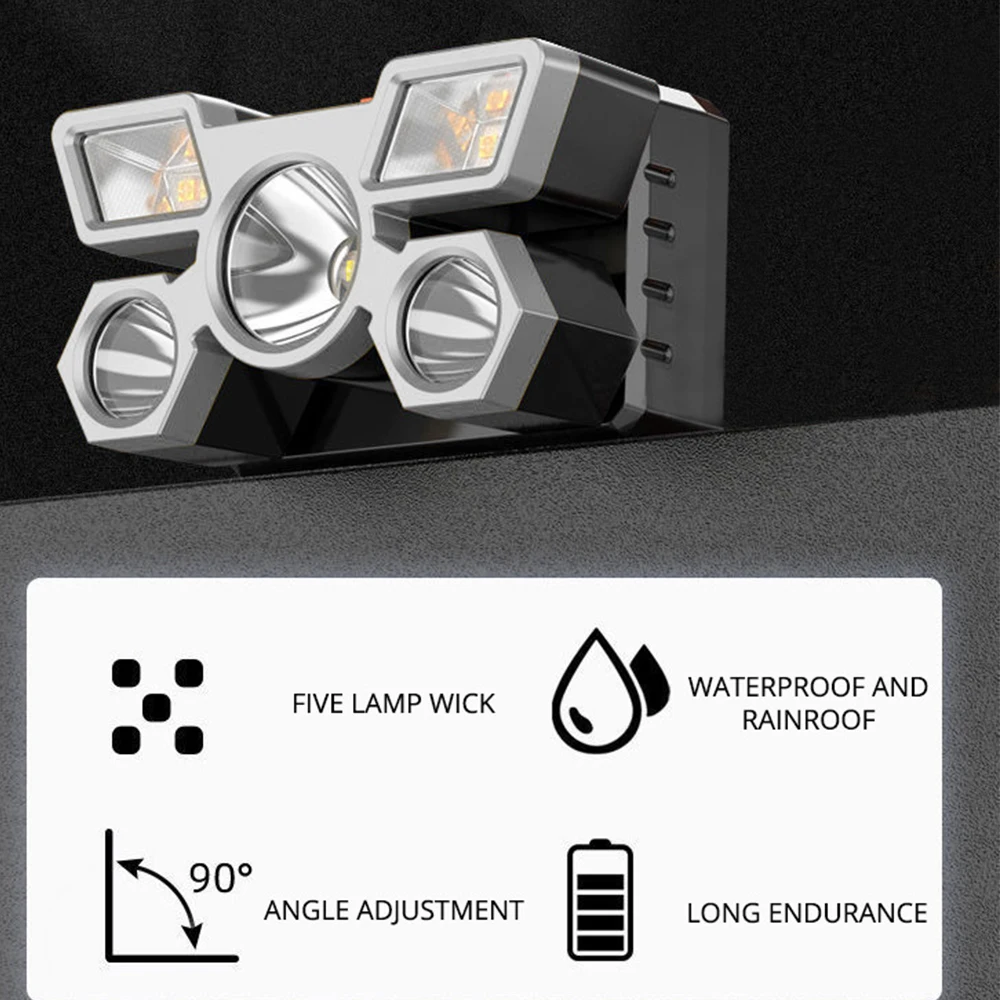 Imagem -05 - Lanterna Recarregável Poderosa para Pesca Farol 5led Usb Recarregável ao ar Livre Camping Faróis Caça Tocha Caminhadas