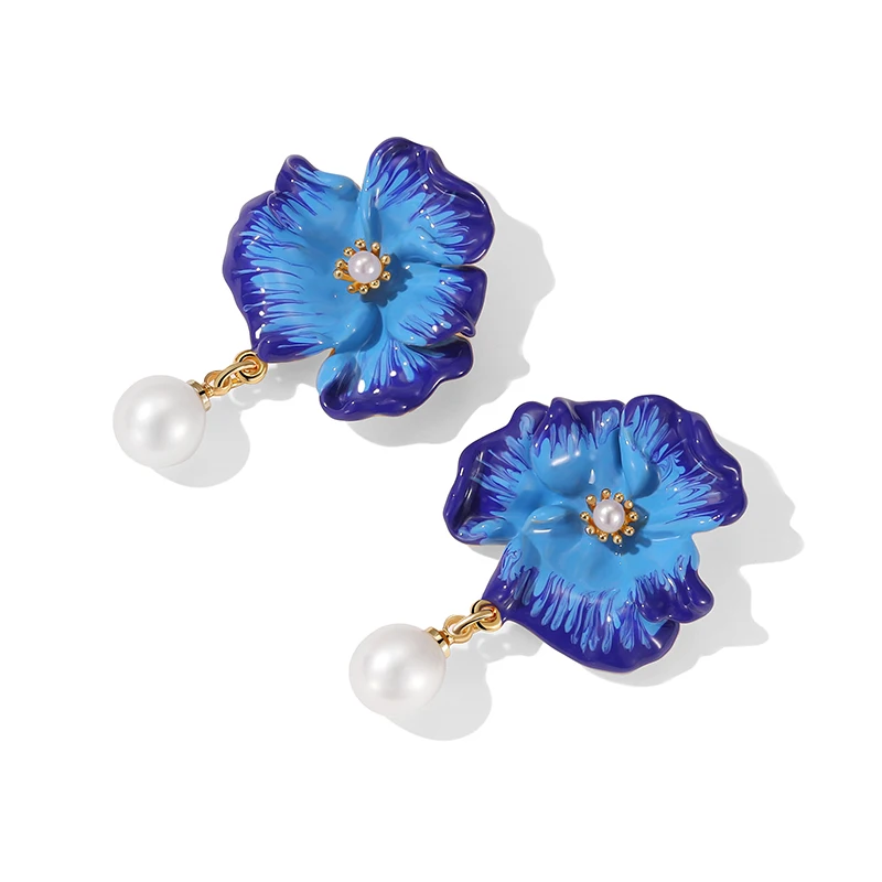 925 Silver Fashion Enamel Flower Earrings Women Temperament Blue Trumpet Flower Pearl Earrings Wedding Party Aesthetic Jewelry