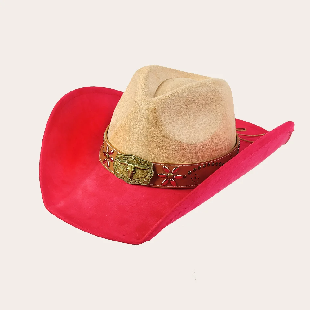 Neuer farbblockierter Western-Cowboyhut für Herren, Retro-Wildleder-Cowboyhut für Herren, breite Krempe, Filz-Fedora-Hut, Vintage-Panama-Muster für Herren