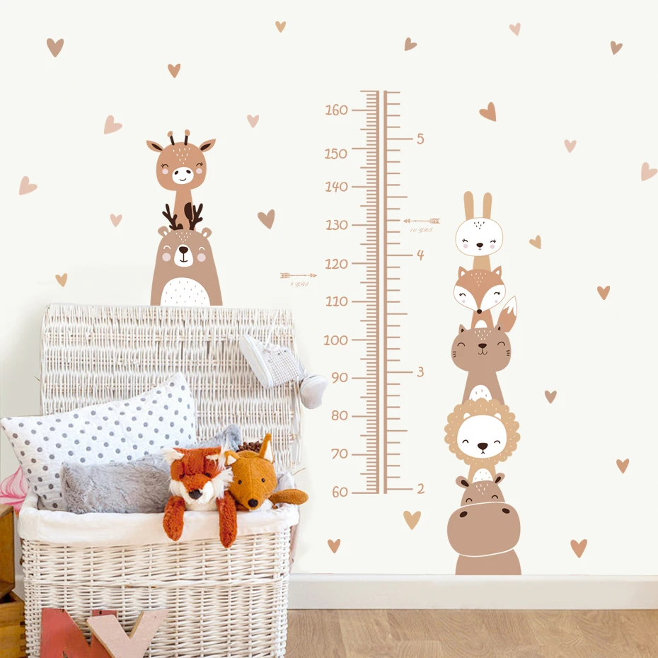 Regla de Medición de Altura para Bebés con Diseño Boho de León Sonriente, Animales y Corazones, Vinilos Decorativos para Cuarto Infantil, Decoración