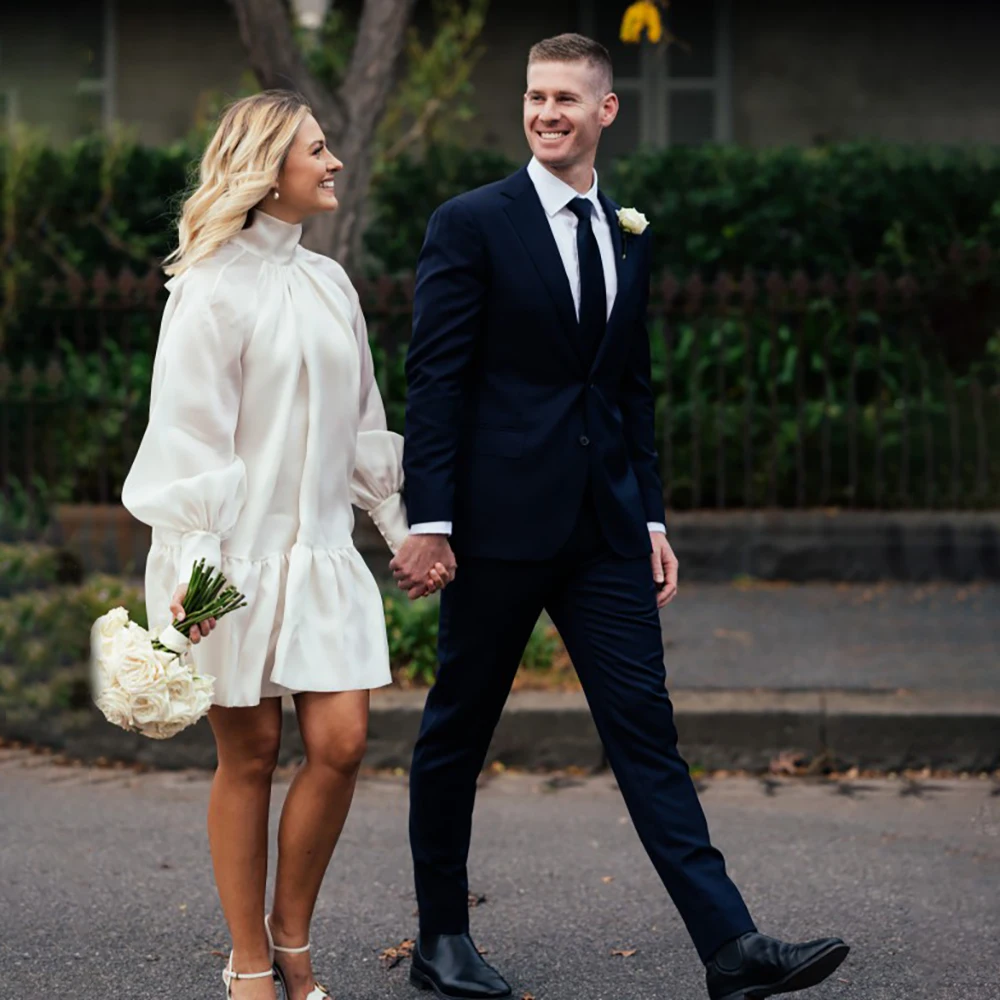 Abito da sposa in Organza di raso con collo alto Mini lunghezza su misura sopra il ginocchio maniche lunghe a sbuffo increspato abito da sposa taglie forti