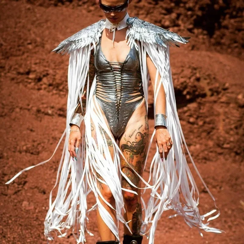 Leosoxs Gothic Sequin Fringe Tassel Wings Cover Ups Unisex Y2K 2024 Cosplay Costumes Capes Streetwear Beach Party Shawl Cloak — zdjęcie 2