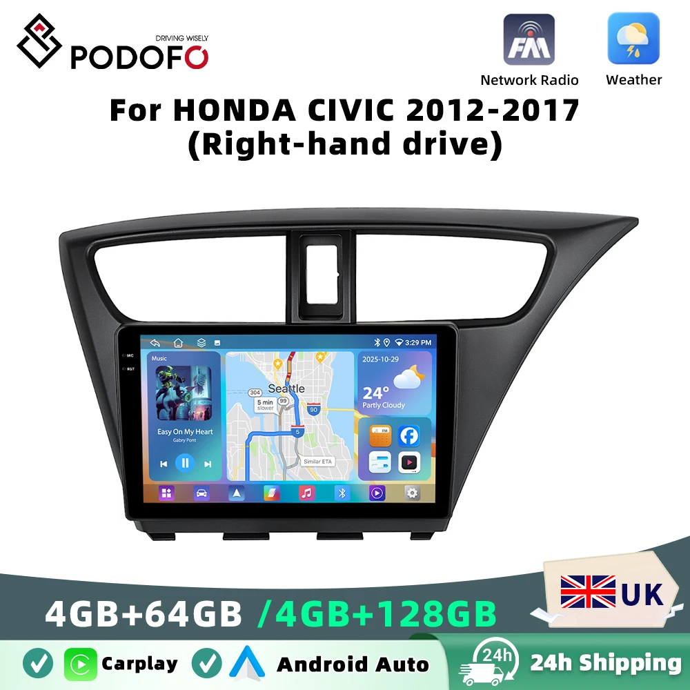 Podofo 4GB+64GB 9'' Car Stereo For HONDA CIVIC 2012-2017 Wireless Carplay Android Auto Multimedia Video Player Mirror Link GPS