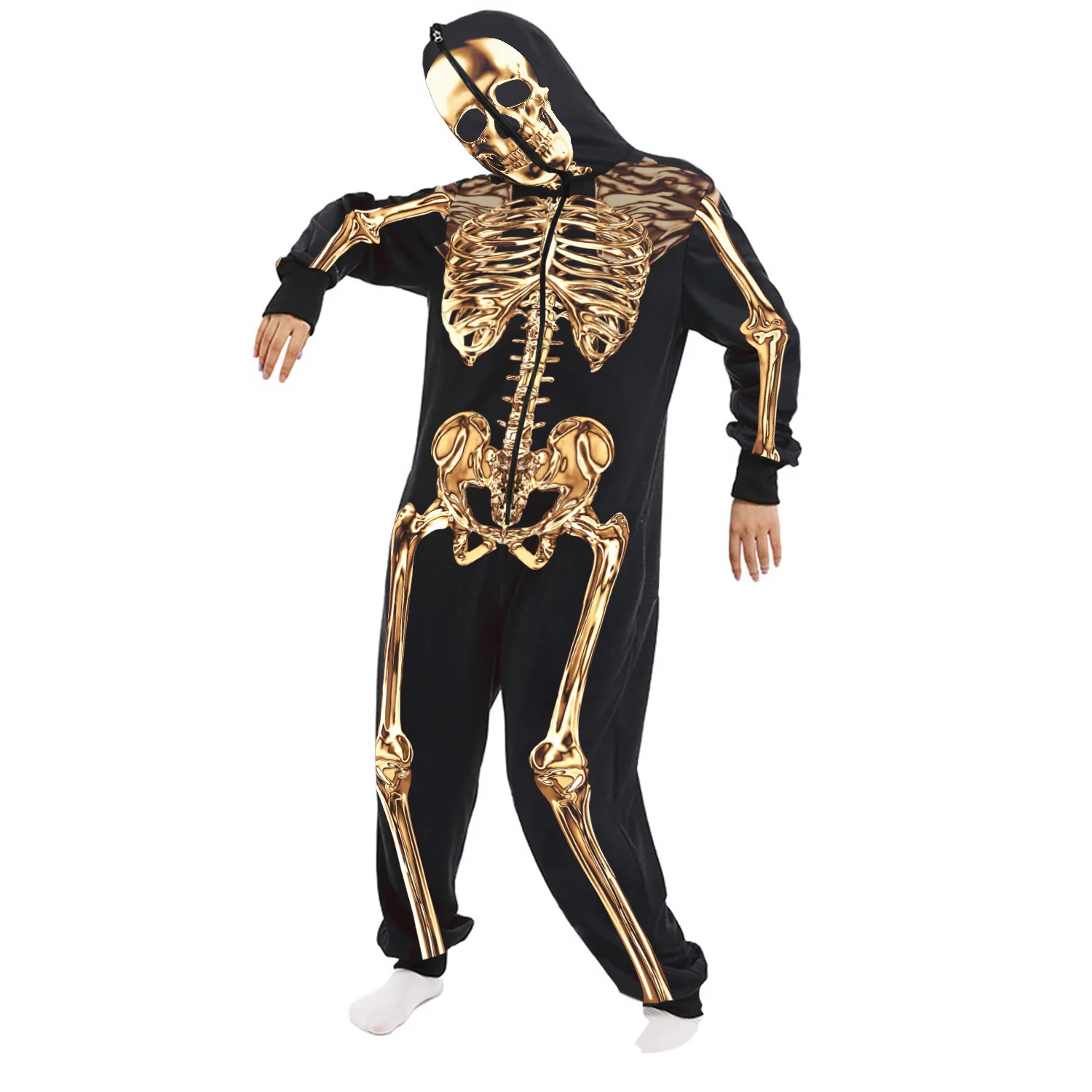 3D Digital Printed Skeleton Pajamas for Men and Women, Zipper Sweatshirt, Mesh, Red Rose, Velvet, Halloween, 1 Pc