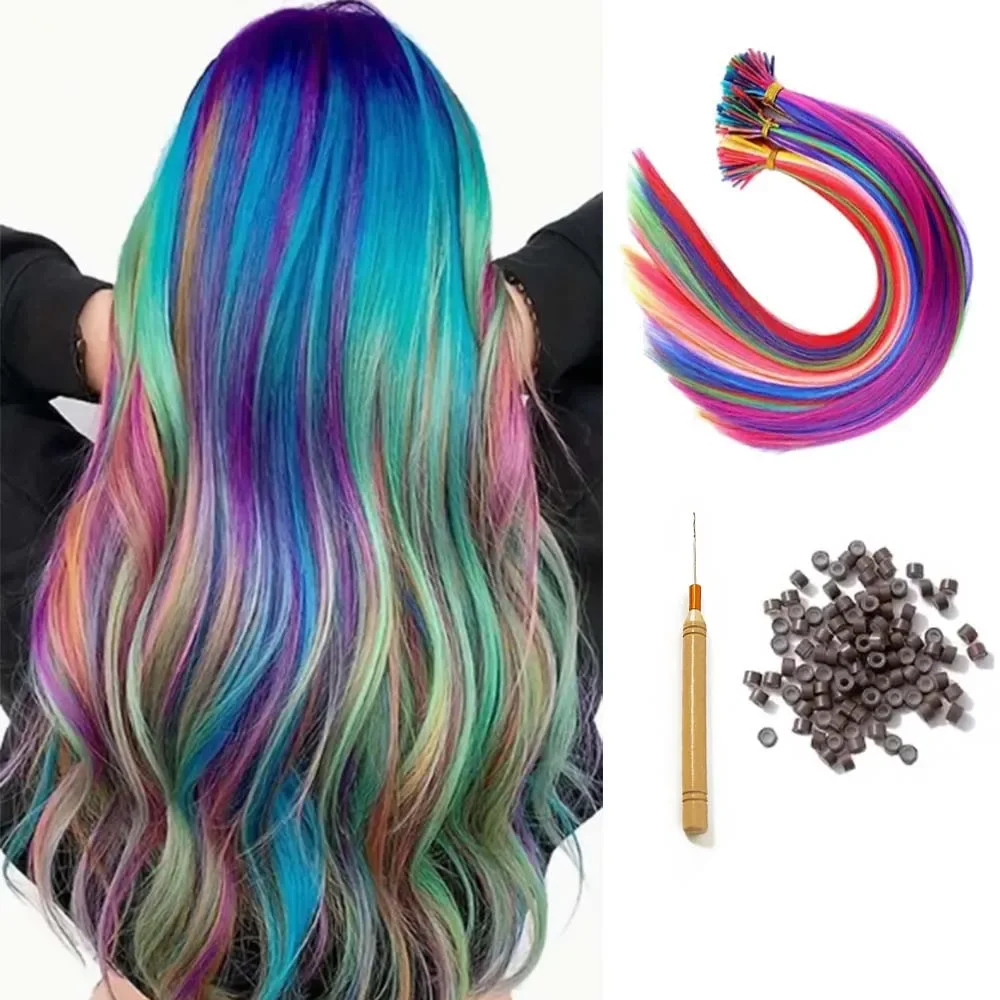 16-inch regenbooghaarverlengingsset, synthetische kleur, stick-haarverlenging, dames met microkralen, dames cosplay - afbeelding 2