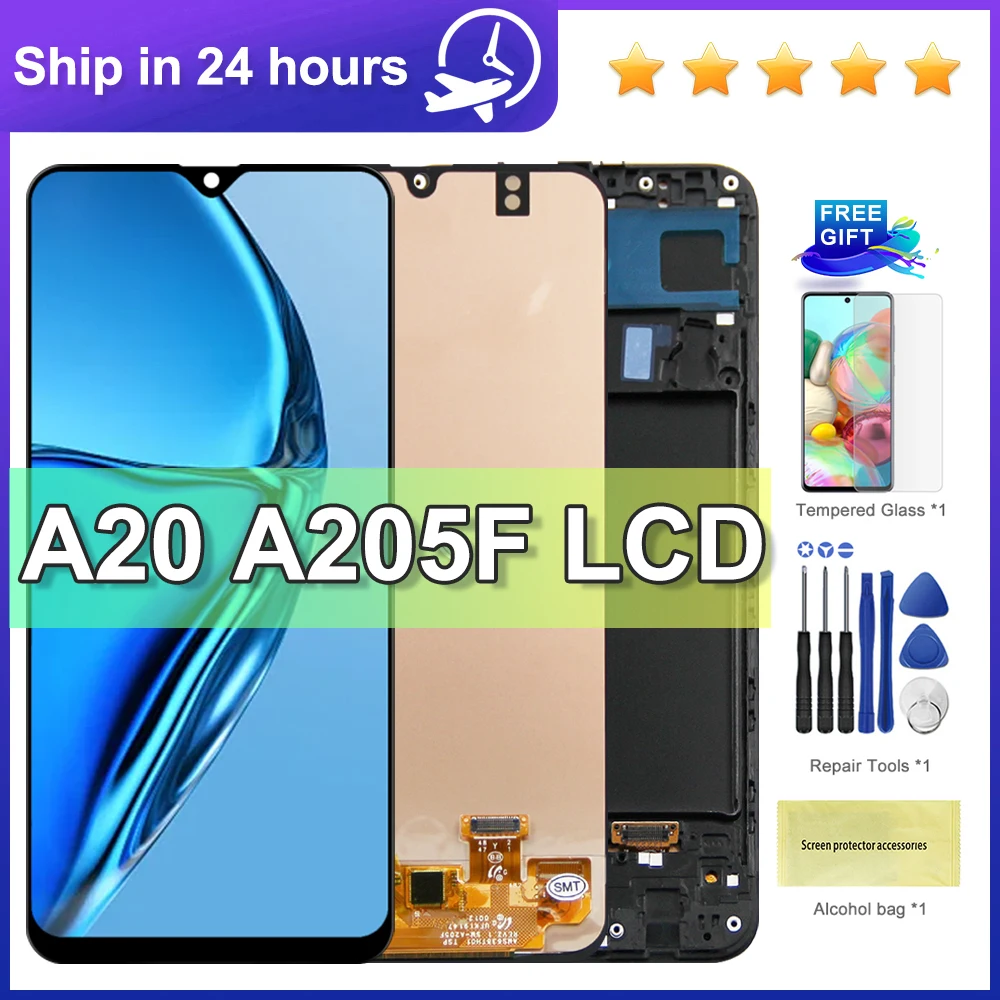 6.4\'\' For Samsung A20 A205 SM-A205F A205FN LCD display touch Screen Digitizer Assembly with frame replacement