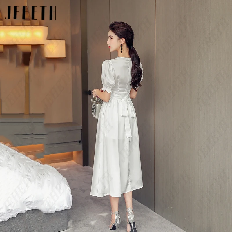 JEHETH V-Neck Pleat A-Line Korea Wedding Dress For Women Vintage Puff Sleeve Bridal Gown Side Split 웨딩드레스 Photography Tea-Length