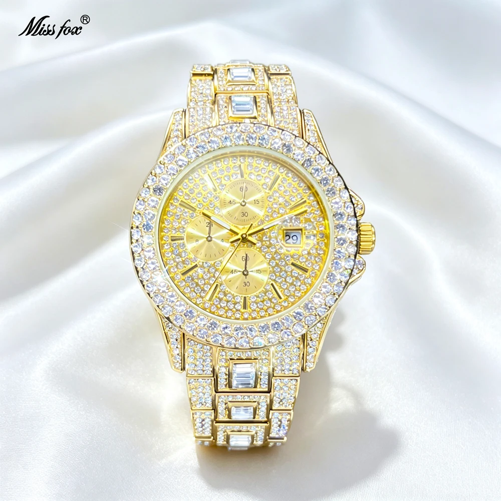 MISSFOX Luxury Silver Iced Out Watch For Men Full Paved Rhinestone Chronograph Quartz Wristwatch Hip Hop Bling Baguette Diamond Alloy Steel Band Waterproof Date Business Male Clock Fashion Jewelry Gift Reloj Hombre Masculino Watches
