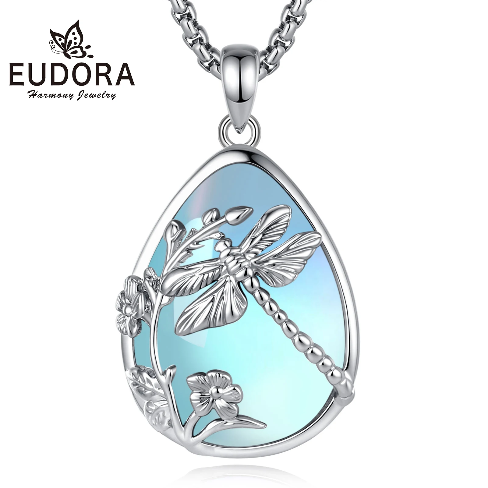 Eudora Moonstone Dragonfly Necklace Flower Crystal Stone Teardrop Pendant Nature Inspired Jewelry Spiritual Gift for Women