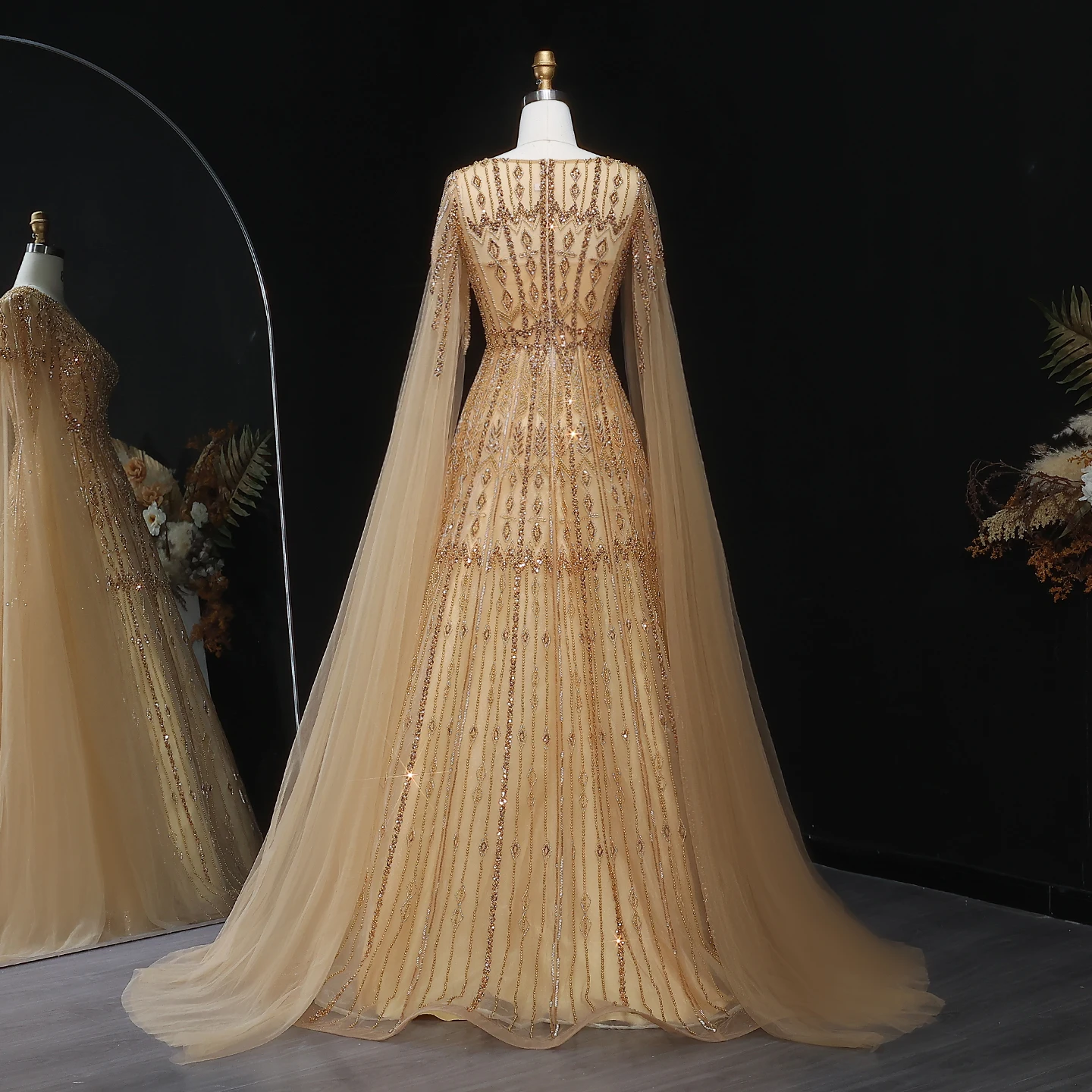 Sharon Said Luxuriöses Dubai Blaues Abendkleid mit Cape-Ärmeln in Übergröße, A-Linie, Arabisches Hochzeits- und Festkleid SS001, Maßanfertigung – Detail 31