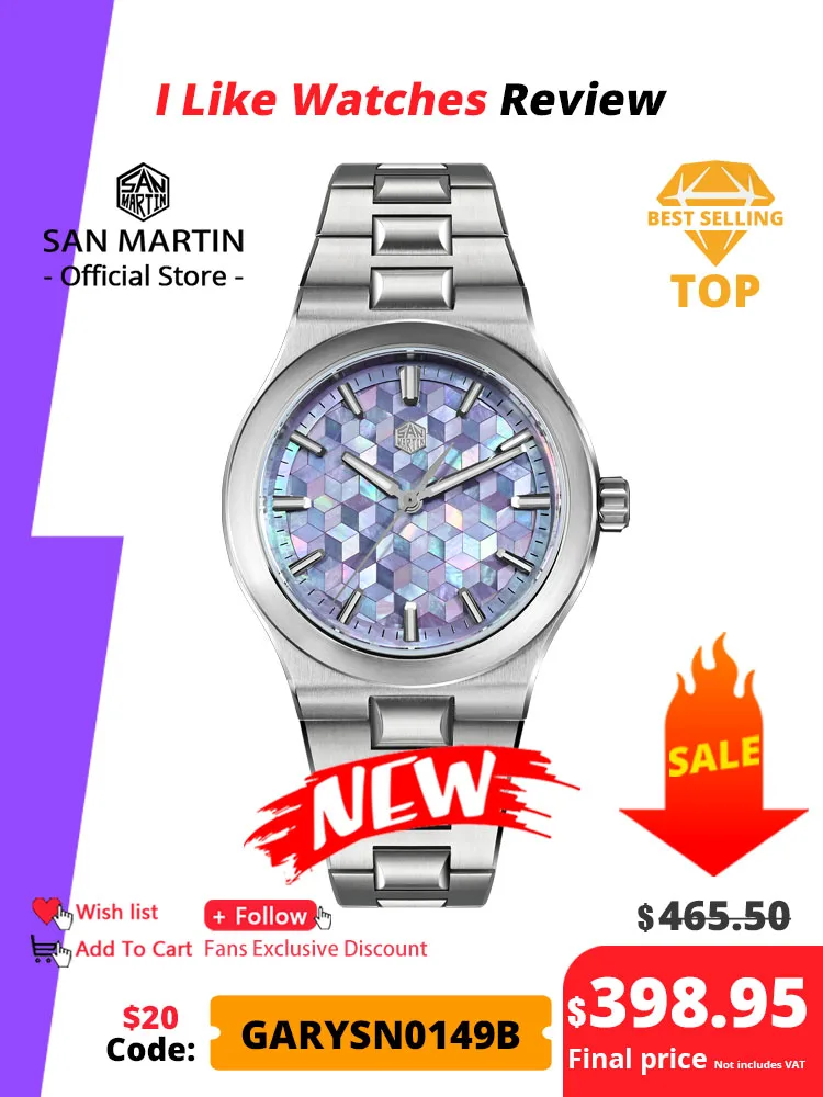San Martin Original Design Spliced MOP Dial Integrated Bracelet Miyota 90S5 Automatic Mechanical Watches Men Sports Watch SN0149