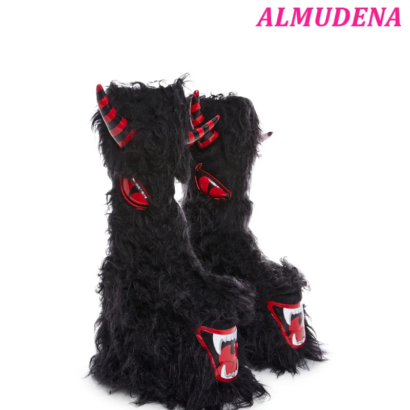 Black Fur Demon Platform Wedges Heeled Short Boots Cute Lolita Cosplay Women's Y2K Designer High Heels Boot Big Size Shoes