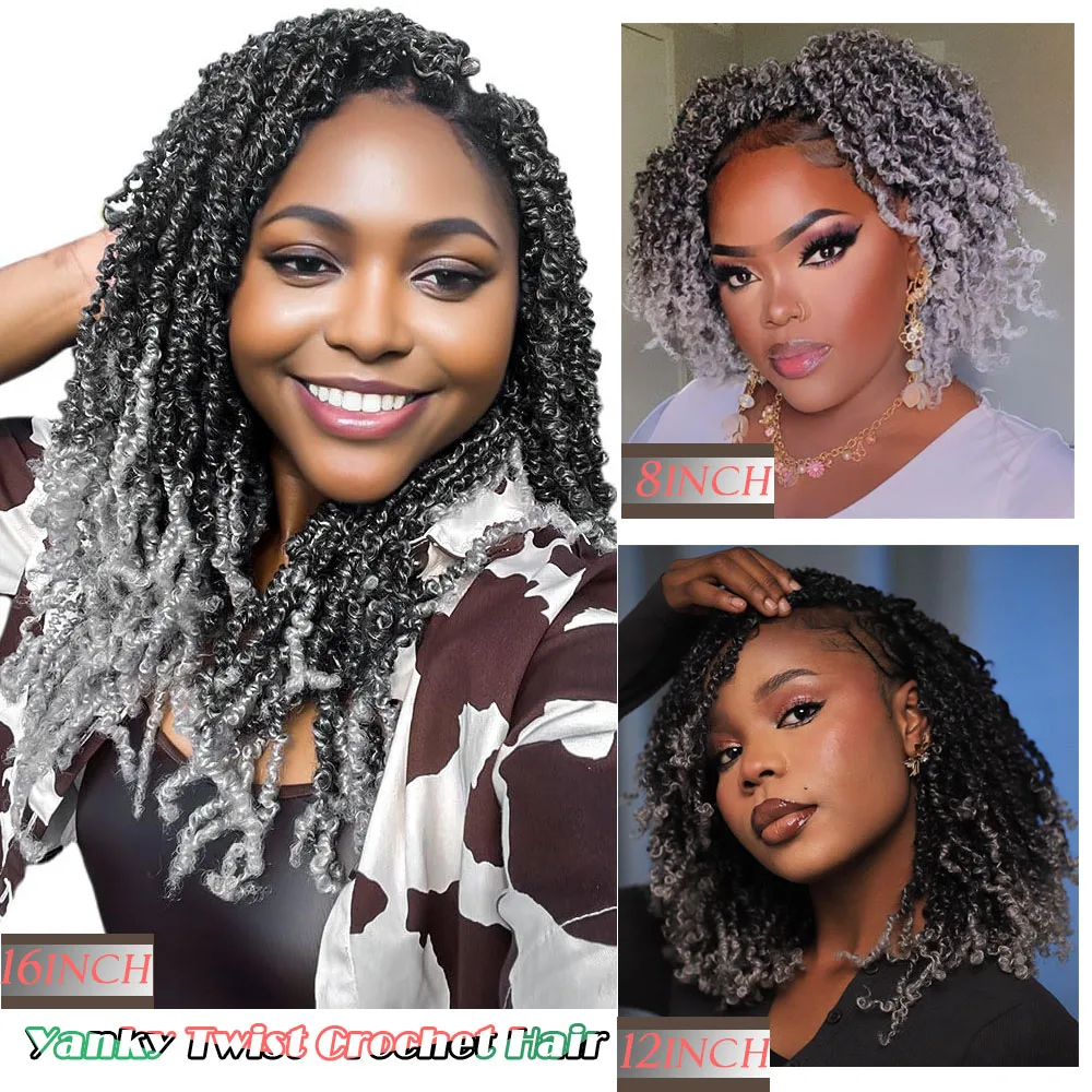 

T Grey # (8 Packs) Yanky Twist Ombre Gray Kinky Mini Spring Curly Crochet Hair Senegalese Twist Braids 8-16inch, 30 Strands/Pack