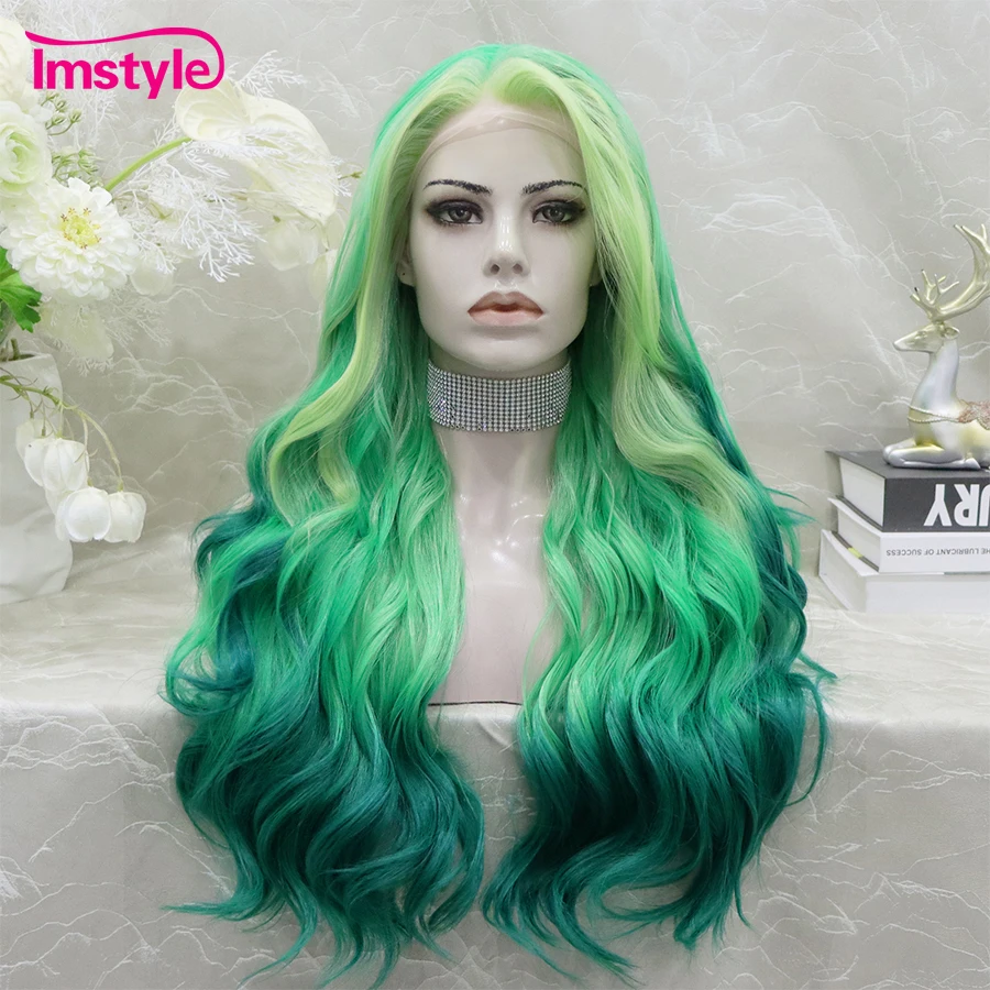 Imstyle Green Wig Long Synthetic Lace Front Wig Wavy Ombre Wigs For Women Heat Resistant Fiber Highlight Cosplay Wig