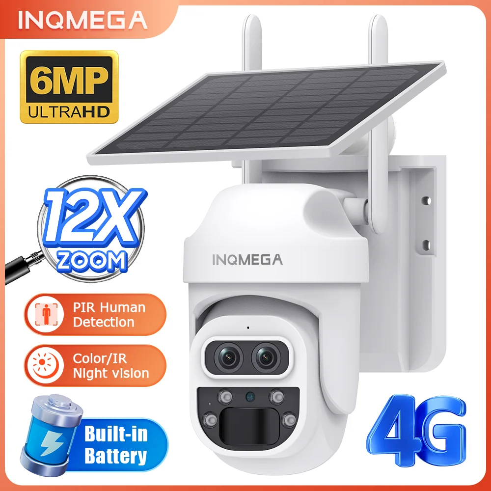 

INQMEGA 12-кратный зум, 4G SIM, солнечная камера безопасности, 6 МП, двойной объектив, уличная беспроводная Wi-Fi, камера с питанием от солнечной батареи, камера ночного видения