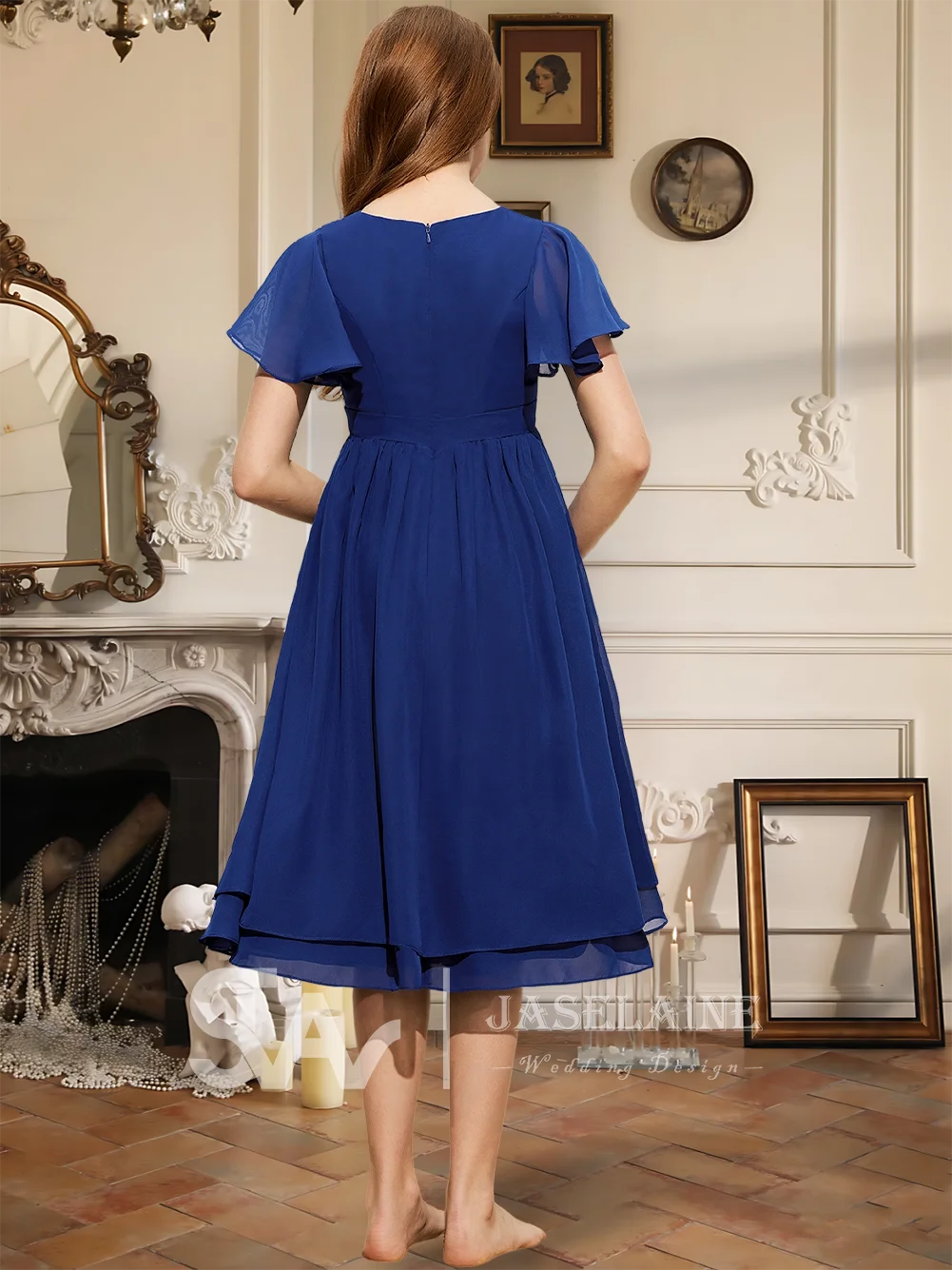 Платье подружки невесты трапециевидной формы с круглым вырезом длиной до колена, шифоновое платье с бантом для девочек с цветочным узором, вечерние платья для девочек, свадебное вечернее платье