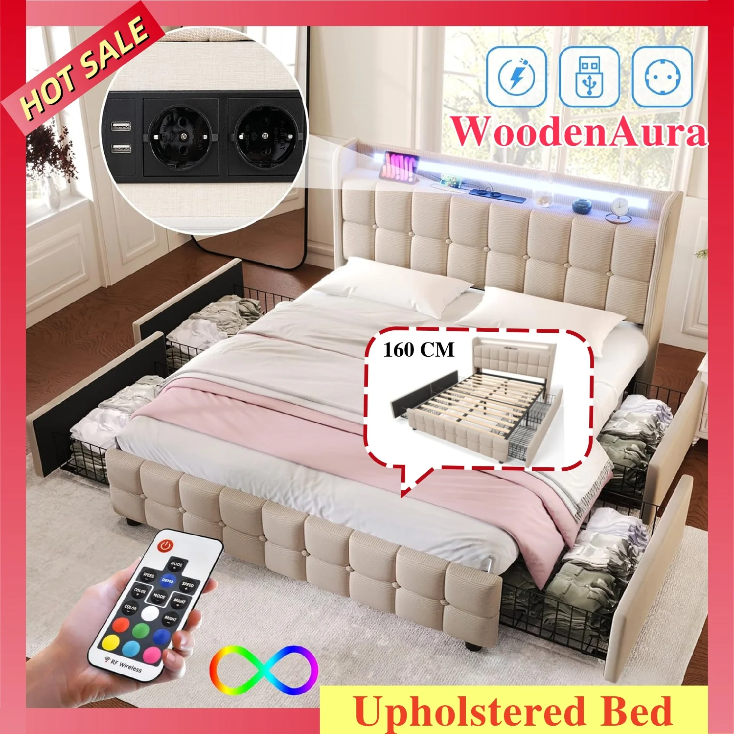 Lit double 160x200 cm avec éclairage LED et 4 tiroirs, tête de lit rembourrée, sommier à lattes, beige, tissu en lin