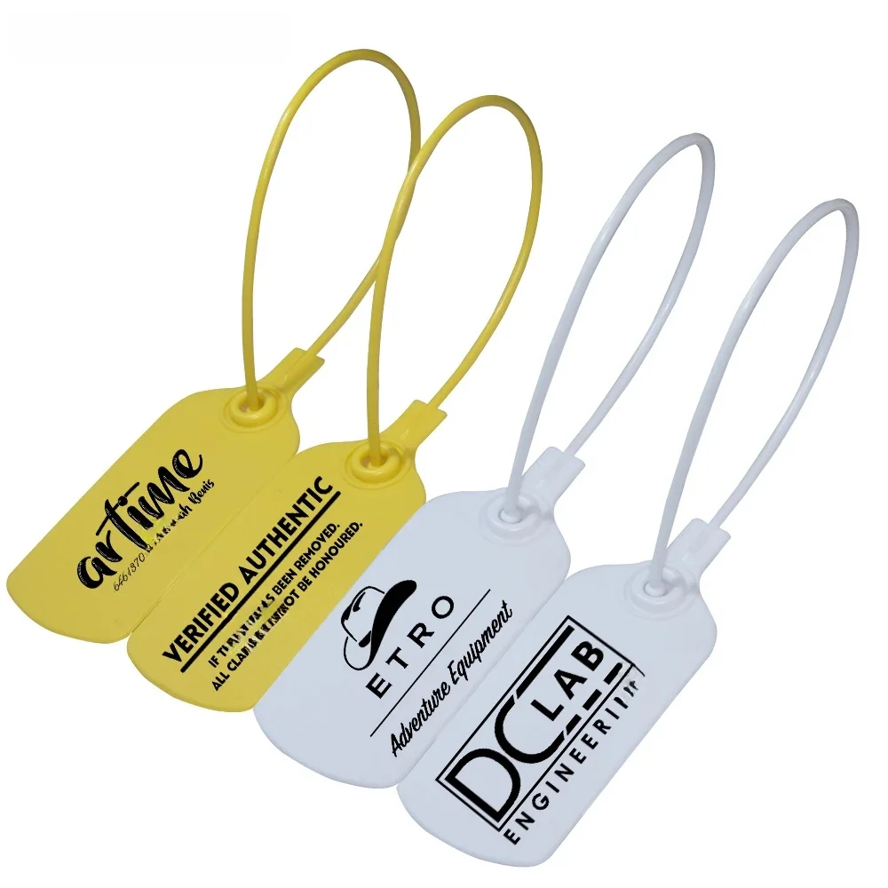 100 stuks aangepaste logo wegwerp plastic beveiligingszegels gepersonaliseerde hangtags voor kleding schoenen tassen 240 mm 9,45 inch - afbeelding 2