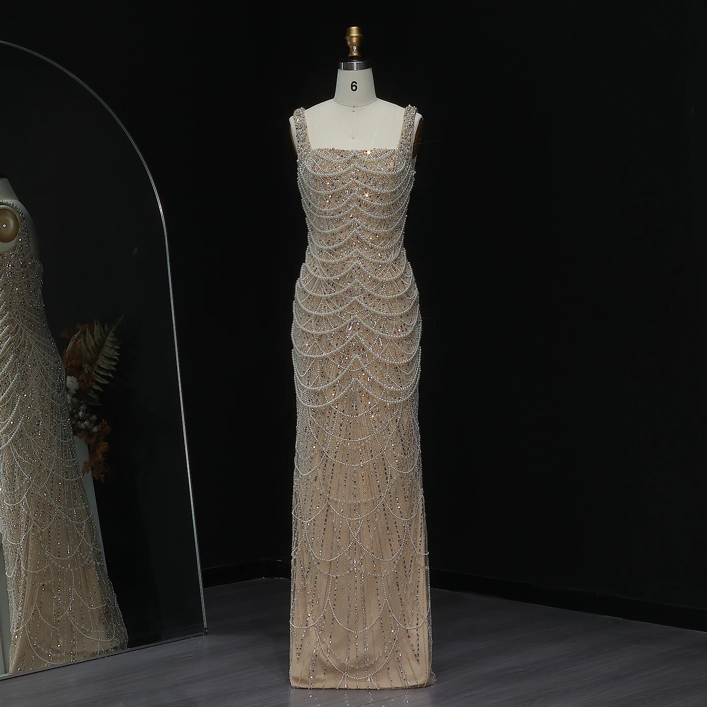 Sharon Said Luxury Pearls Sheath Nude Evening Dress for Women Spaghetti Straps Long Dubai Wedding Party Gowns SS682 Customized