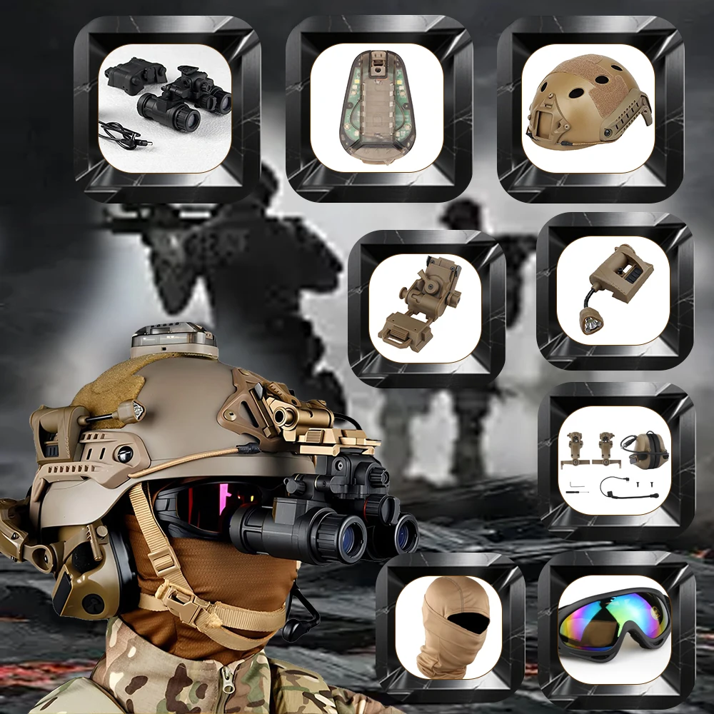 

Airsoft Helmet Set, Adjustable Helmet with Tactical Headset Flashlight Goggles Signal Flashing Light Mask L4G24 Mount &NVG Model