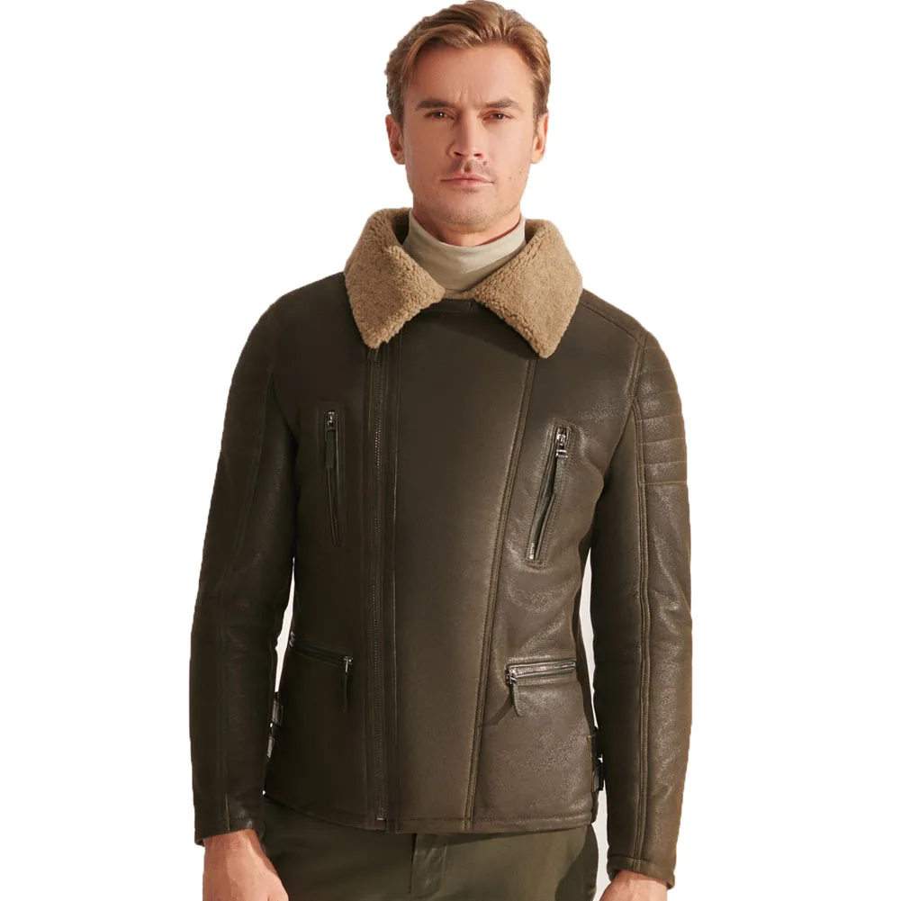 

Denny&Dora Mens Shearling Coats And Jackets Mens Aviator Shearling Jacket Green Leather Jacket