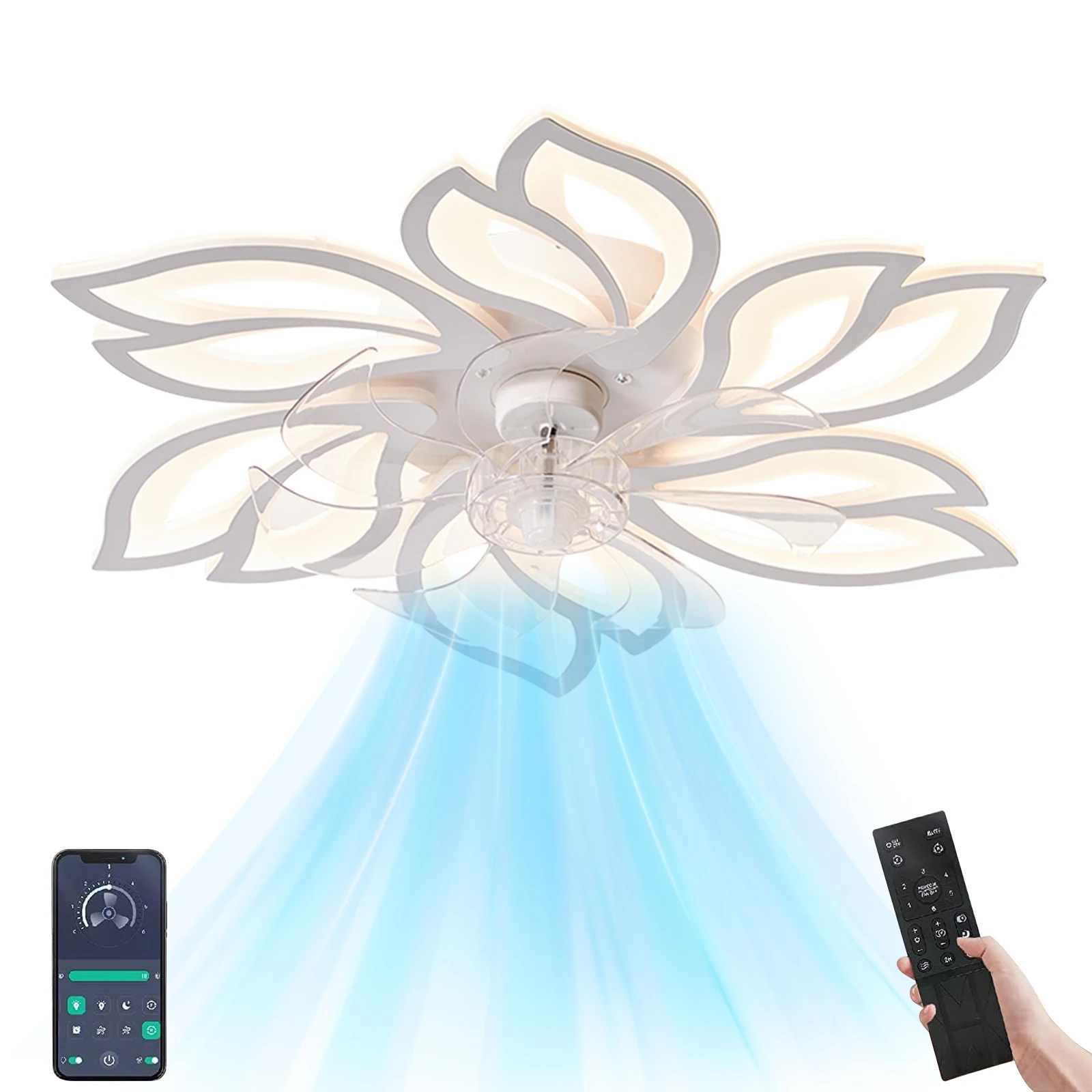 Ventilador de techo con tira de luces para sala de estar, dormitorio, hogar, tres temperaturas de color, seis velocidades de ventilación, control remoto, control por aplicación.