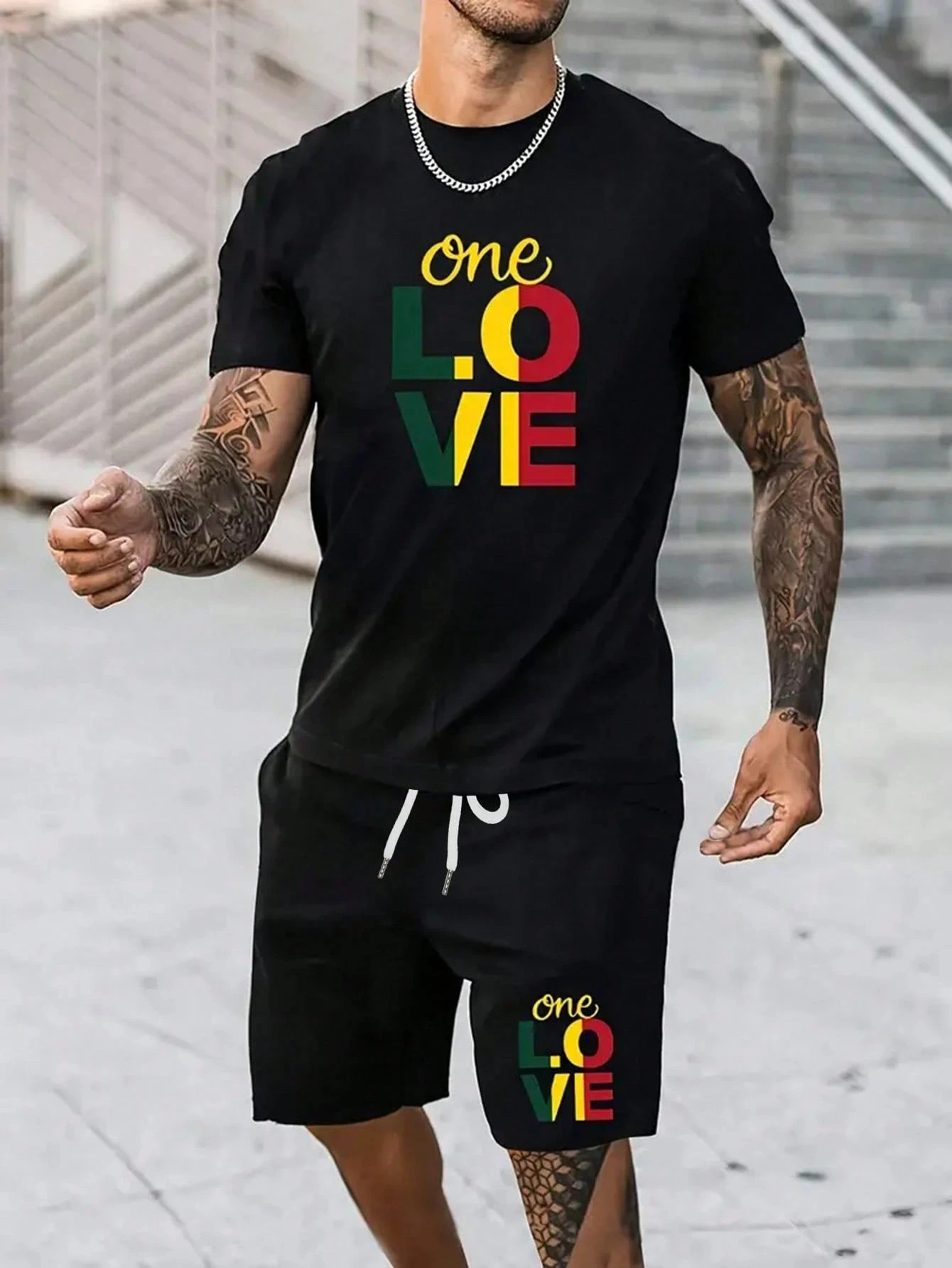 One LOVE Print Men's Spring and Summer Two Pieces Set Casual Round Neck Short Sleeve T-shirt Shorts Sports Suit Printed Clothing