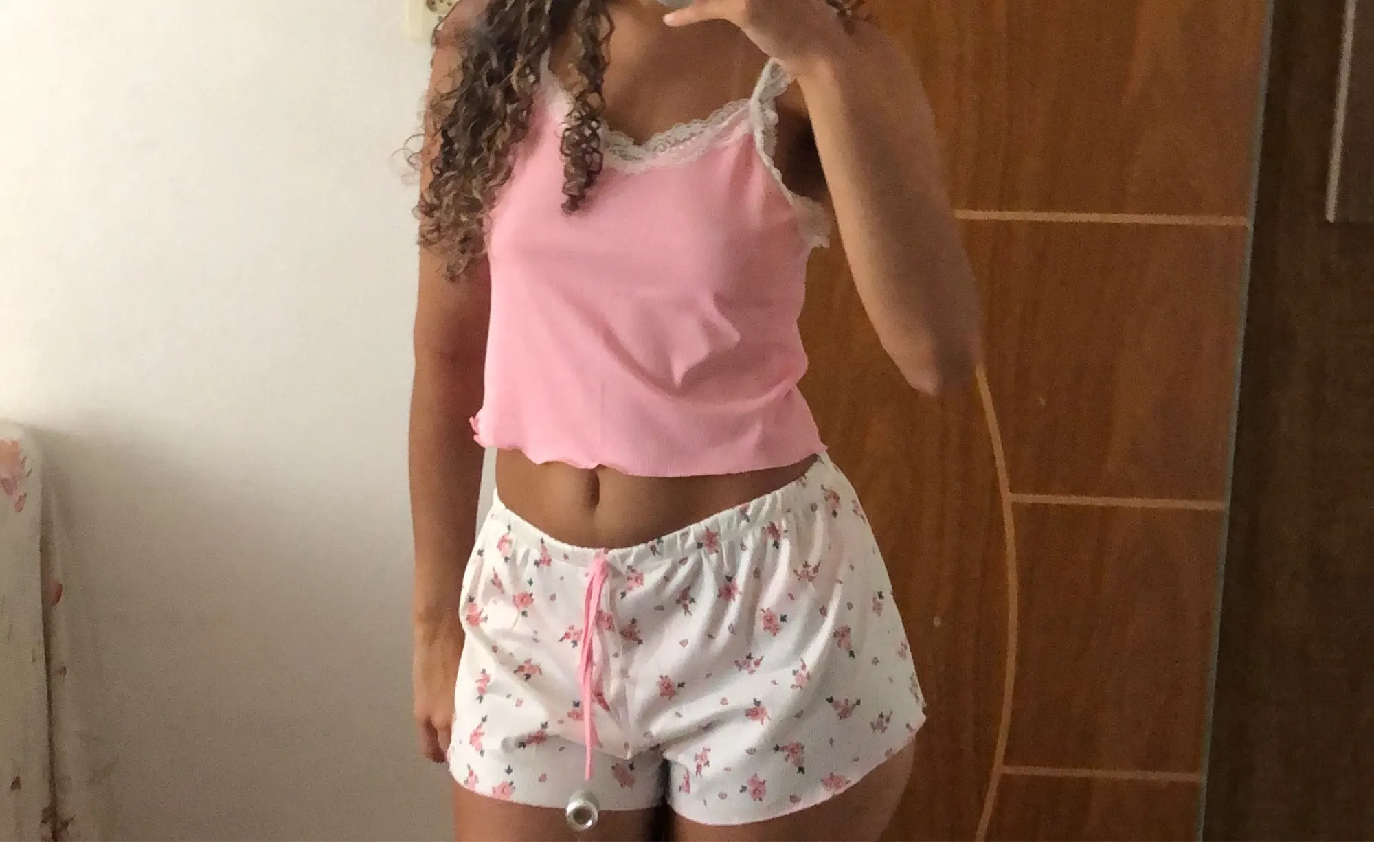 2Pcs Women Pajama Set Pink Lace Patchwork V-Neck Sleepwear Sexy Nighties Suit Cami Top Printed Shorts Soft Pyjamas Loungewear photo review