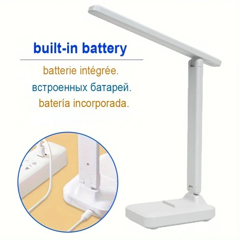 Foldable LED eye-protection desk lamp featuring dual power options (battery/USB) and adjustable brightness; white; suitable for