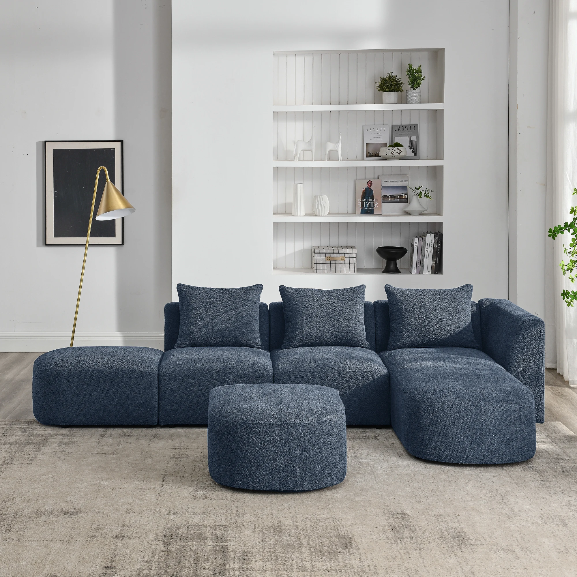 Navy blue modular sofa, L-shaped set with right chaise longue and ottoman, DIY, loop yarn fabric, crowd exclusive