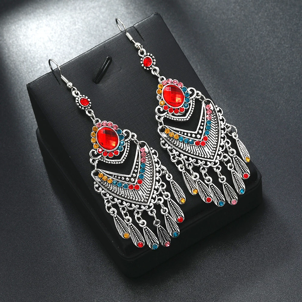 Vintage Indian Nepal Style Water Drop Earrings for Women Boho Ethnic Long Rhinestone Geometric Dangle Earrings Jhumka Jewelry