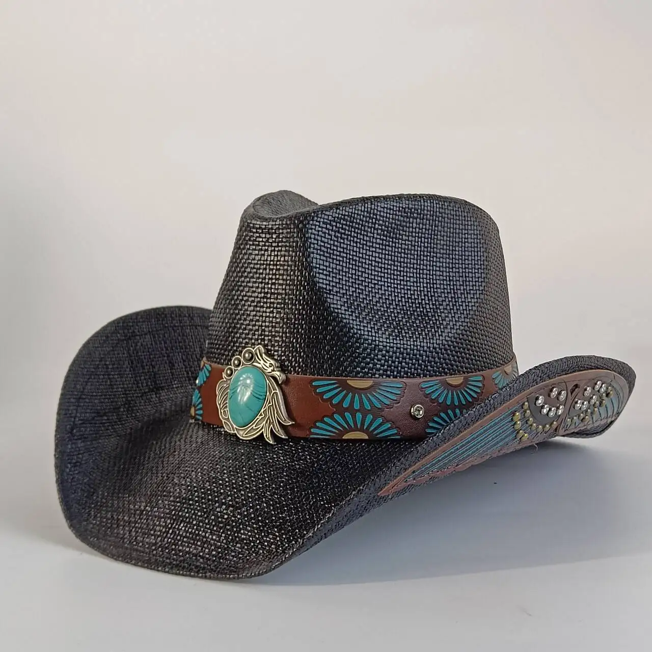 Men's straw cowboy hat with turquoise decorative buckle, wide-brimmed sun hat, summer beach cowboy hat, women's version.