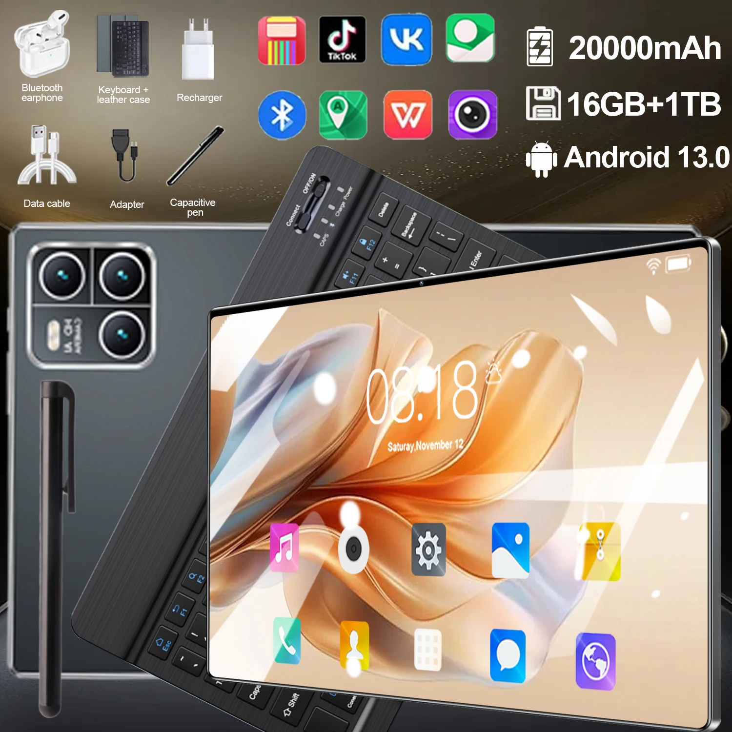 Tablette économique en promotion flash, 10,36 pouces, Android 13, puce multi-tâches 14 cœurs, 16 Go + 1 To de stockage, batterie de voyage 20000 mAh, double SIM 5G et Wi-Fi ultra-rapide, double caméra, équipement électronique léger pour usage quotidien de tous les âges